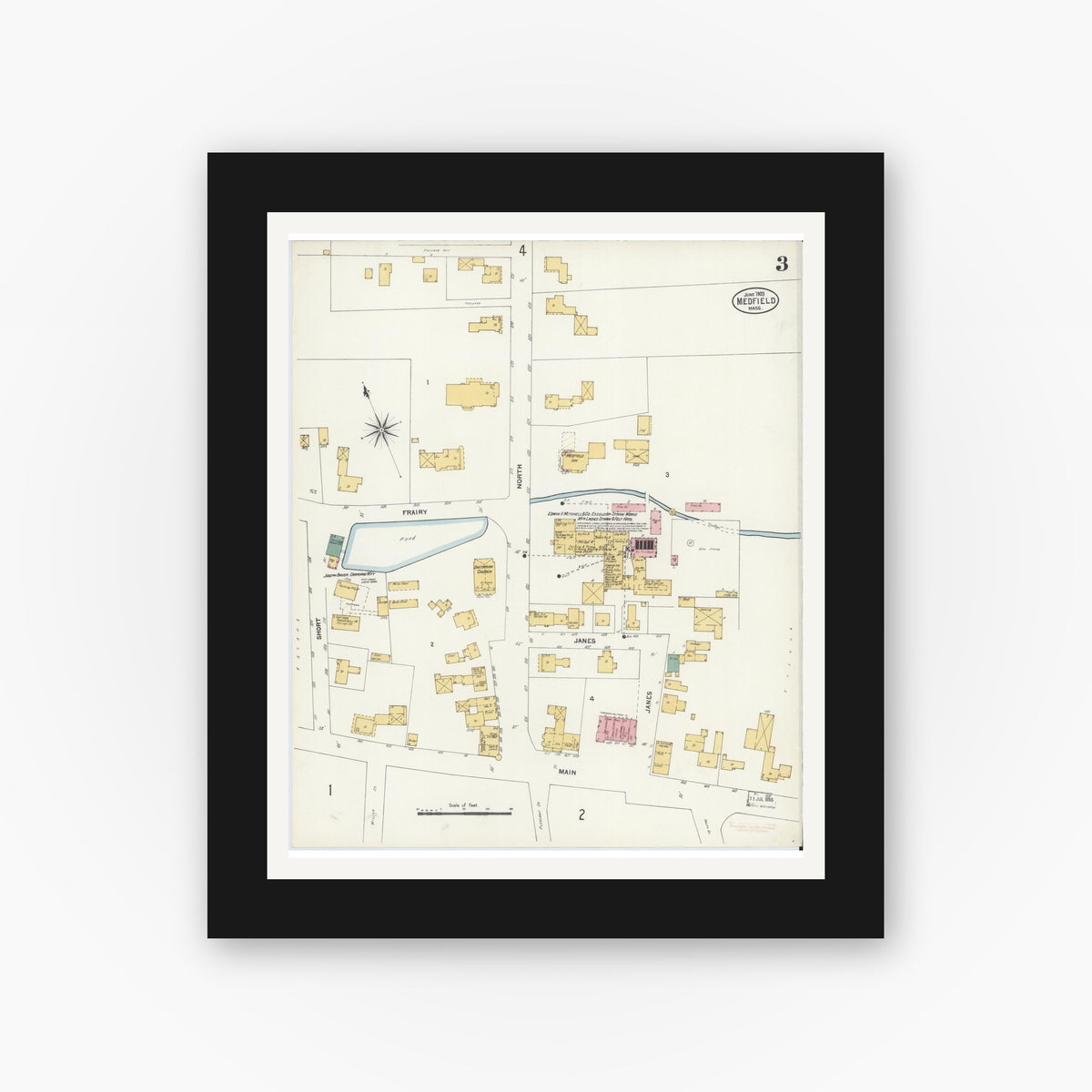 Old map wall art mockup — black gallery frame with white mat — Sanborn Fire Insurance Map from Medfield, Norfolk County, Massachusetts (1903), Sheet #0003