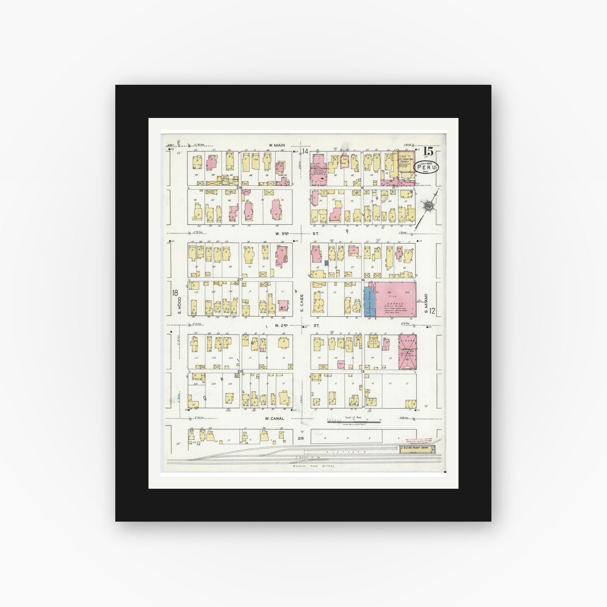 Old map wall art mockup — black gallery frame with white mat — Sanborn Fire Insurance Map from Peru, Miami County, Indiana (1920), Sheet #0015