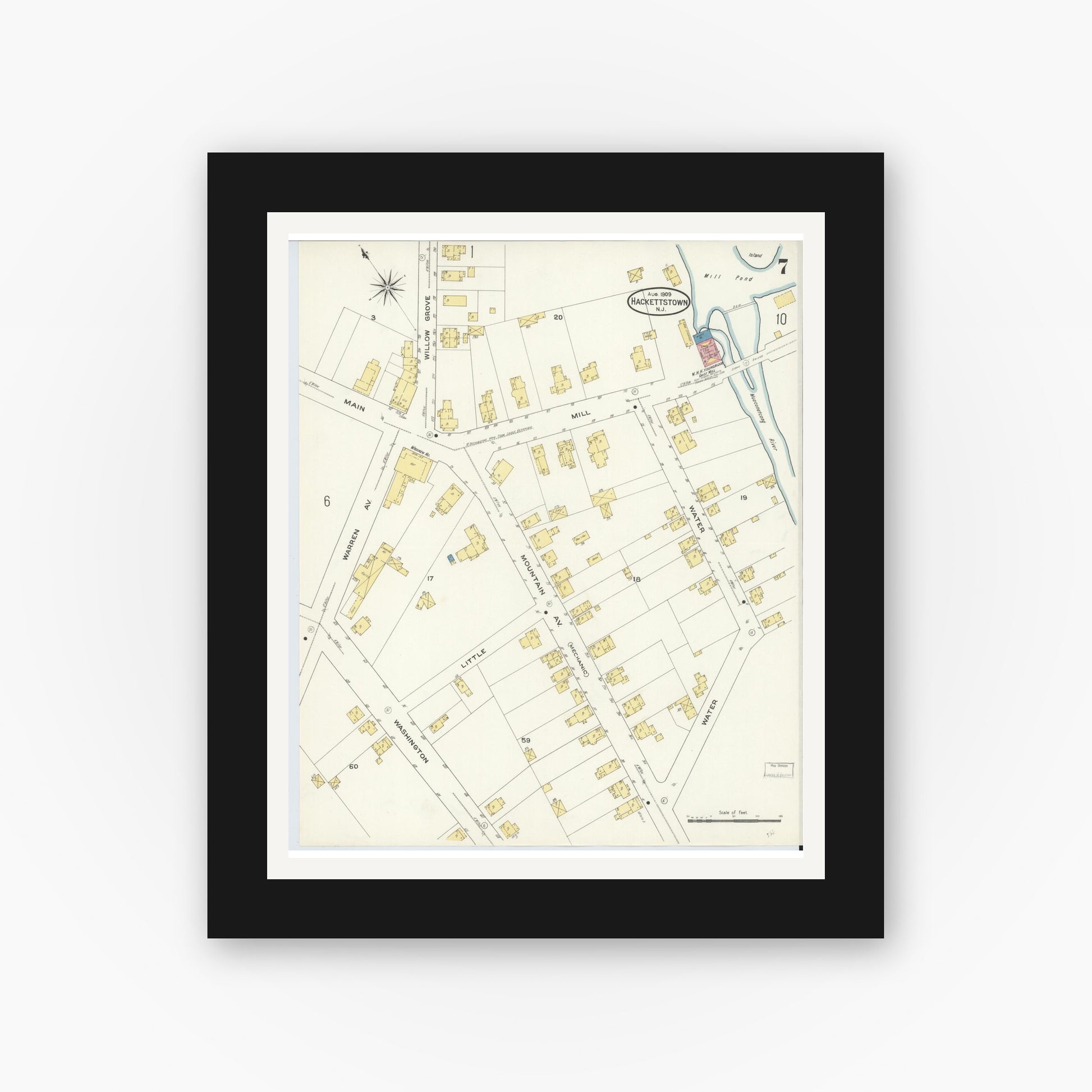 Old map wall art mockup — black gallery frame with white mat — Sanborn Fire Insurance Map from Hackettstown, Warren County, New Jersey (1909), Sheet #0007