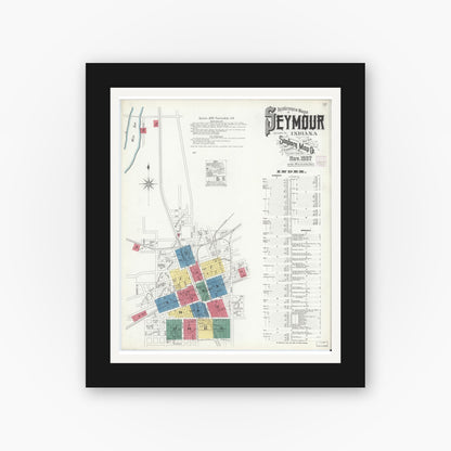 Old map wall art mockup — black gallery frame with white mat — Sanborn Fire Insurance Map from Seymour, Jackson County, Indiana (1907), Sheet #0001