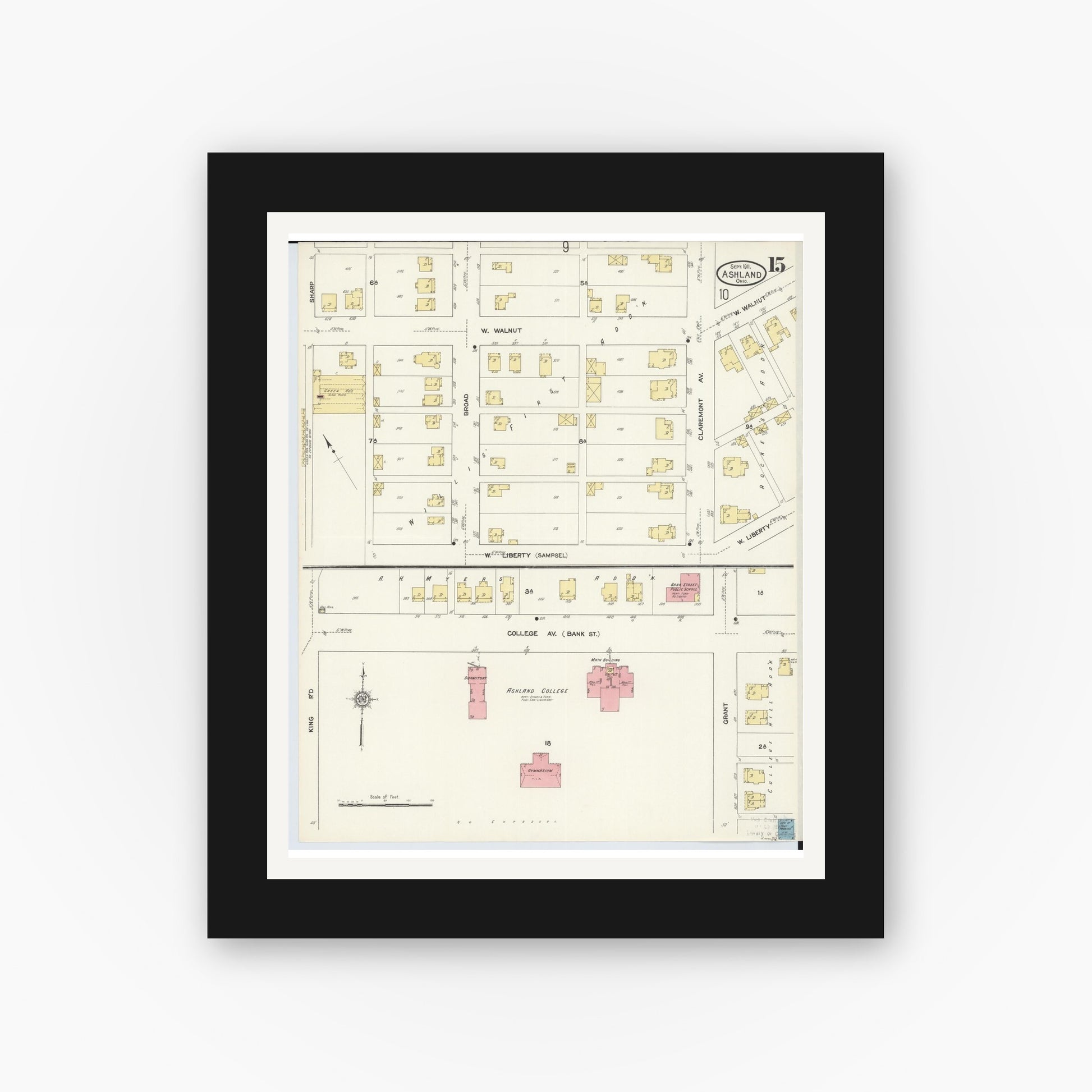 Old map wall art mockup — black gallery frame with white mat — Sanborn Fire Insurance Map from Ashland, Ashland County, Ohio (1911), Sheet #0015