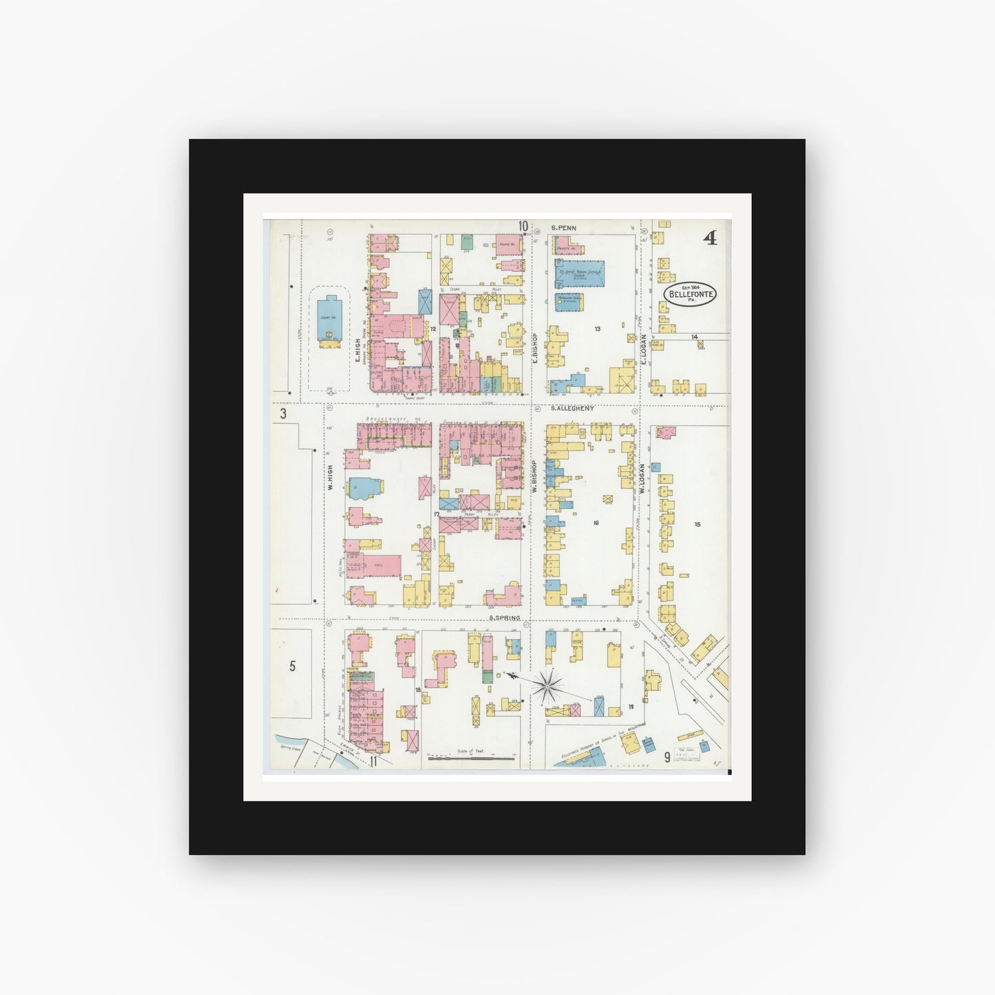 Old map wall art mockup — black gallery frame with white mat — Sanborn Fire Insurance Map from Bellefonte, Centre County, Pennsylvania (1904), Sheet #0004
