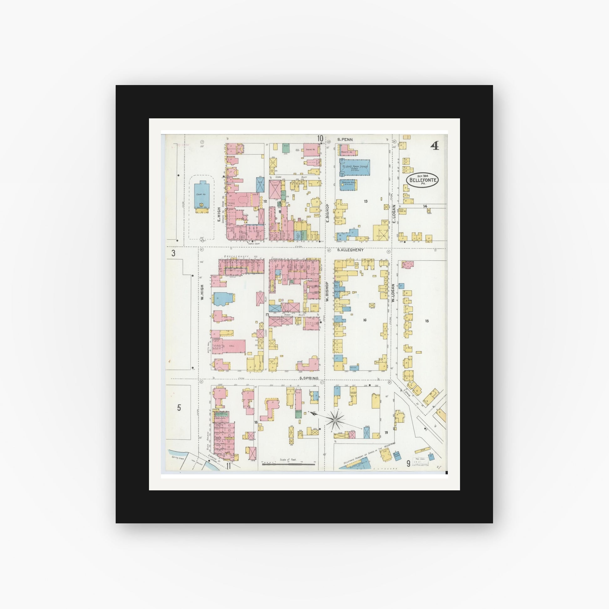 Old map wall art mockup — black gallery frame with white mat — Sanborn Fire Insurance Map from Bellefonte, Centre County, Pennsylvania (1904), Sheet #0004