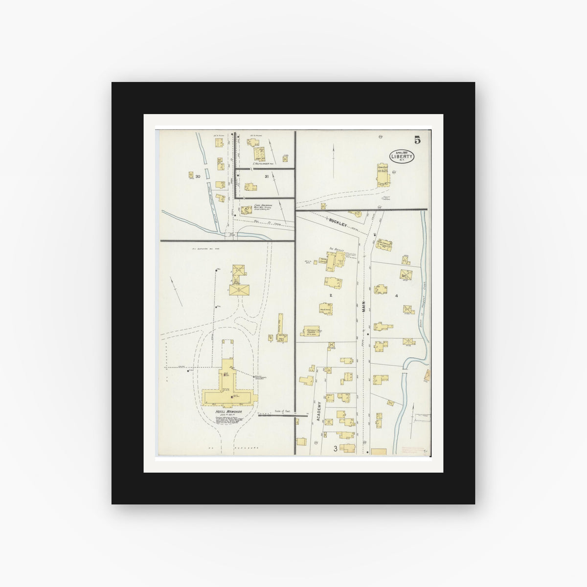 Old map wall art mockup — black gallery frame with white mat — Sanborn Fire Insurance Map from Liberty, Sullivan County, New York (1897), Sheet #0005