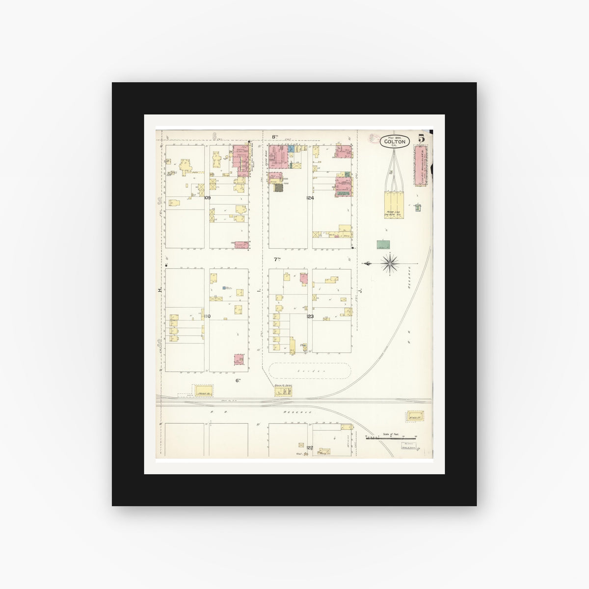 Old map wall art mockup — black gallery frame with white mat — Sanborn Fire Insurance Map from Colton, San Bernardino County, California (1894), Sheet #0005