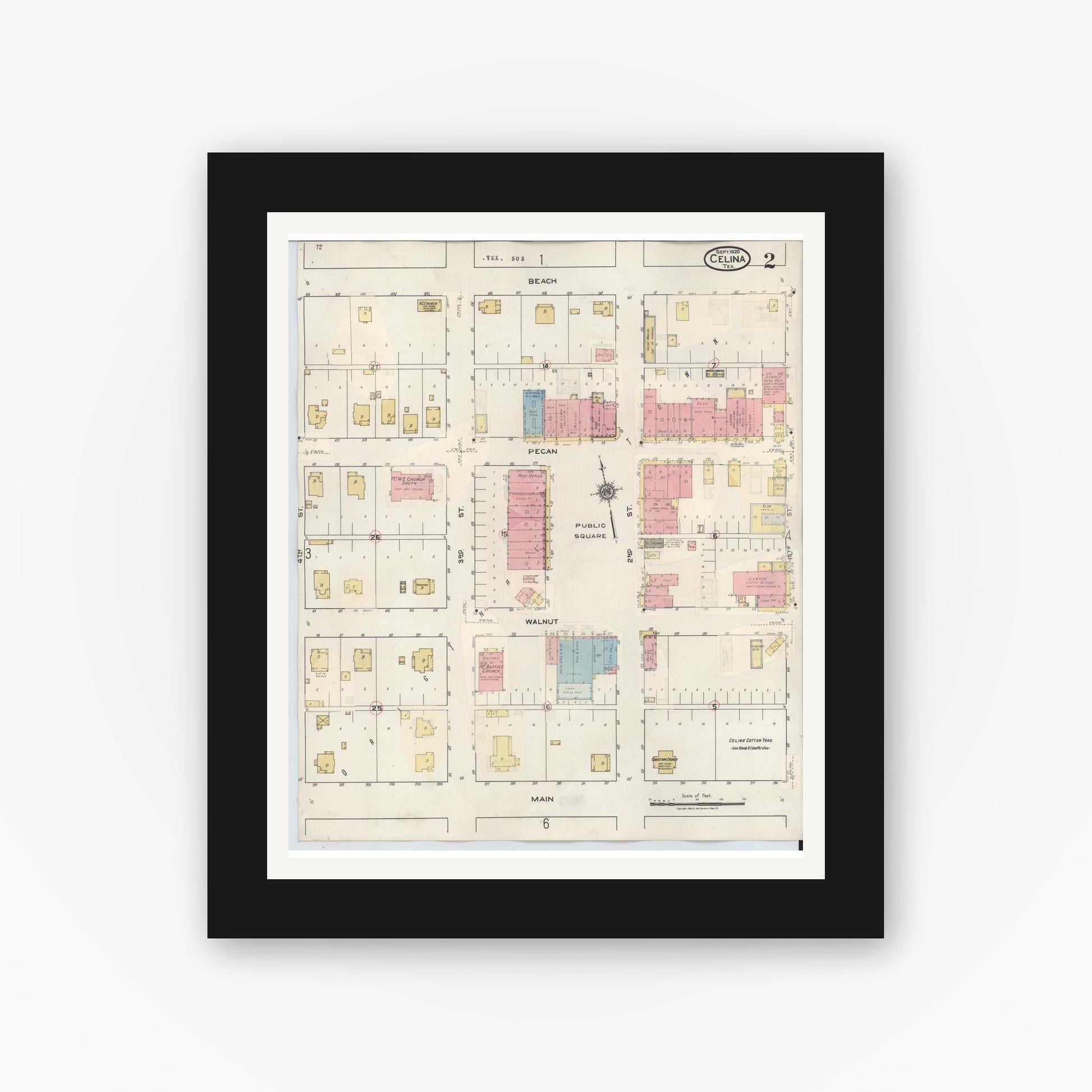 Old map wall art mockup — black gallery frame with white mat — Sanborn Fire Insurance Map from Celina, Collin County, Texas (1944), Sheet #0002