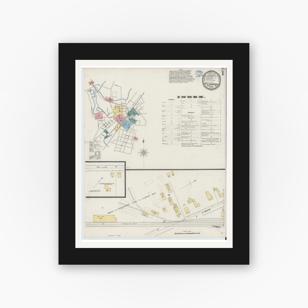 Old map wall art mockup — black gallery frame with white mat — Sanborn Fire Insurance Map from Attleboro, Bristol County, Massachusetts (1894) - Complete Map Set