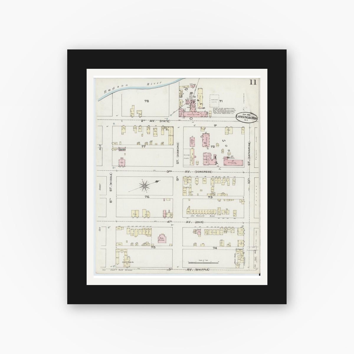 Old map wall art mockup — black gallery frame with white mat — Sanborn Fire Insurance Map from Lansingburg, Rensselaer County, New York (1886), Sheet #0011