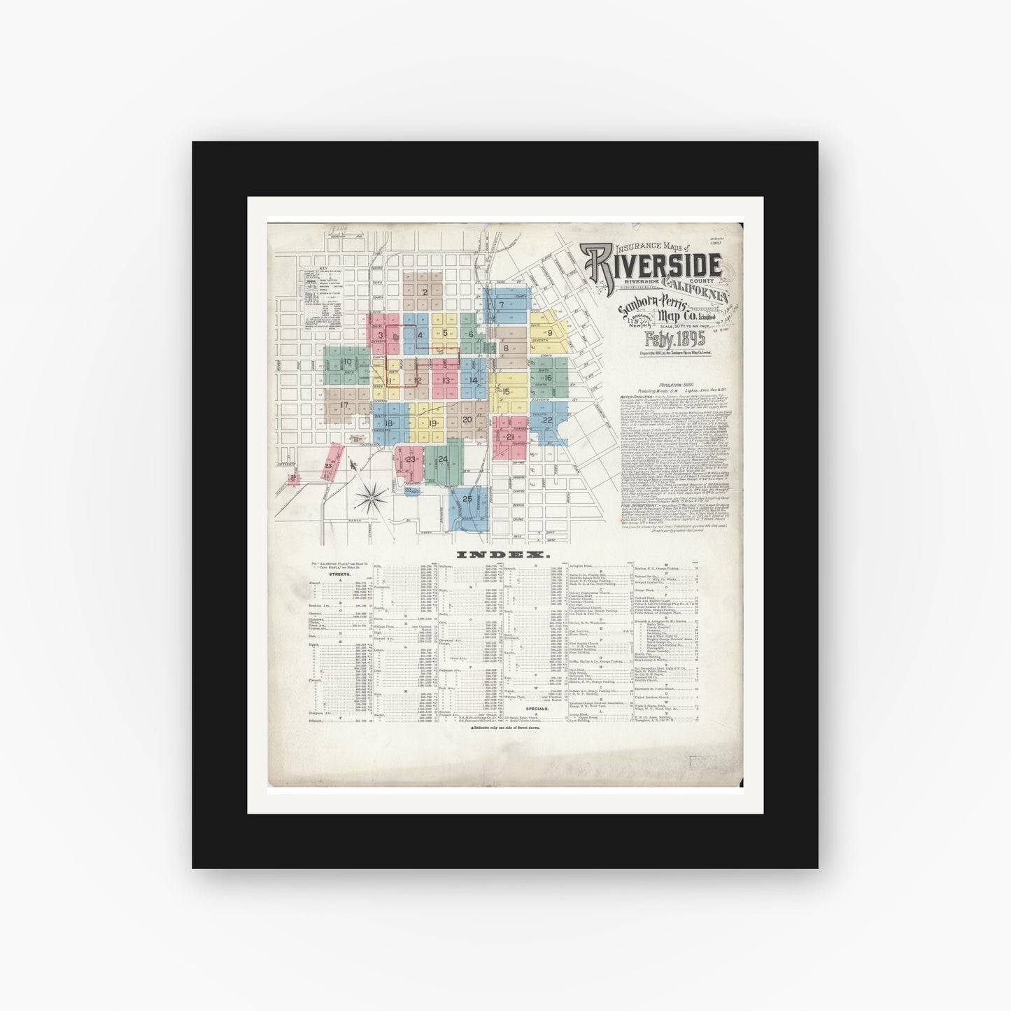 Old map wall art mockup — black gallery frame with white mat — Sanborn Fire Insurance Map from Riverside, Riverside County, California (1895) - Complete Map Set