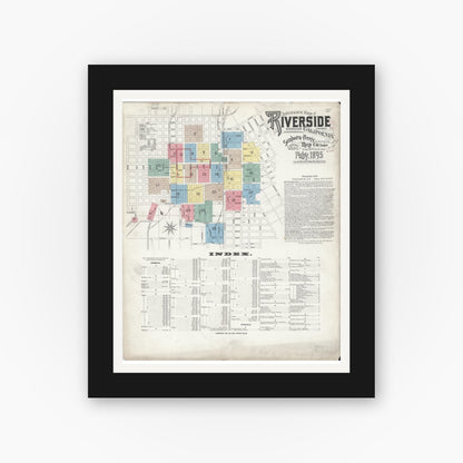 Old map wall art mockup — black gallery frame with white mat — Sanborn Fire Insurance Map from Riverside, Riverside County, California (1895) - Complete Map Set