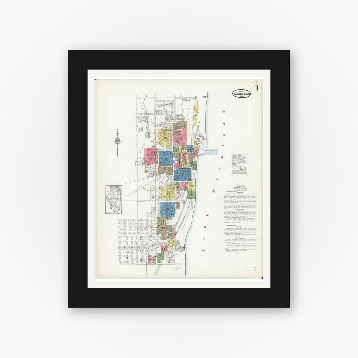 Old map wall art mockup — black gallery frame with white mat — Sanborn Fire Insurance Map from Waukegan, Lake County, Illinois (1917), Sheet #0001