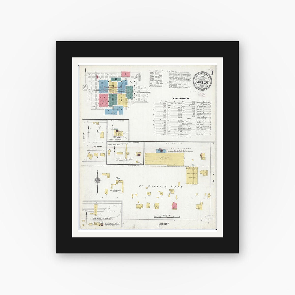 Old map wall art mockup — black gallery frame with white mat — Sanborn Fire Insurance Map from Fairbury, Livingston County, Illinois (1911) - Complete Map Set