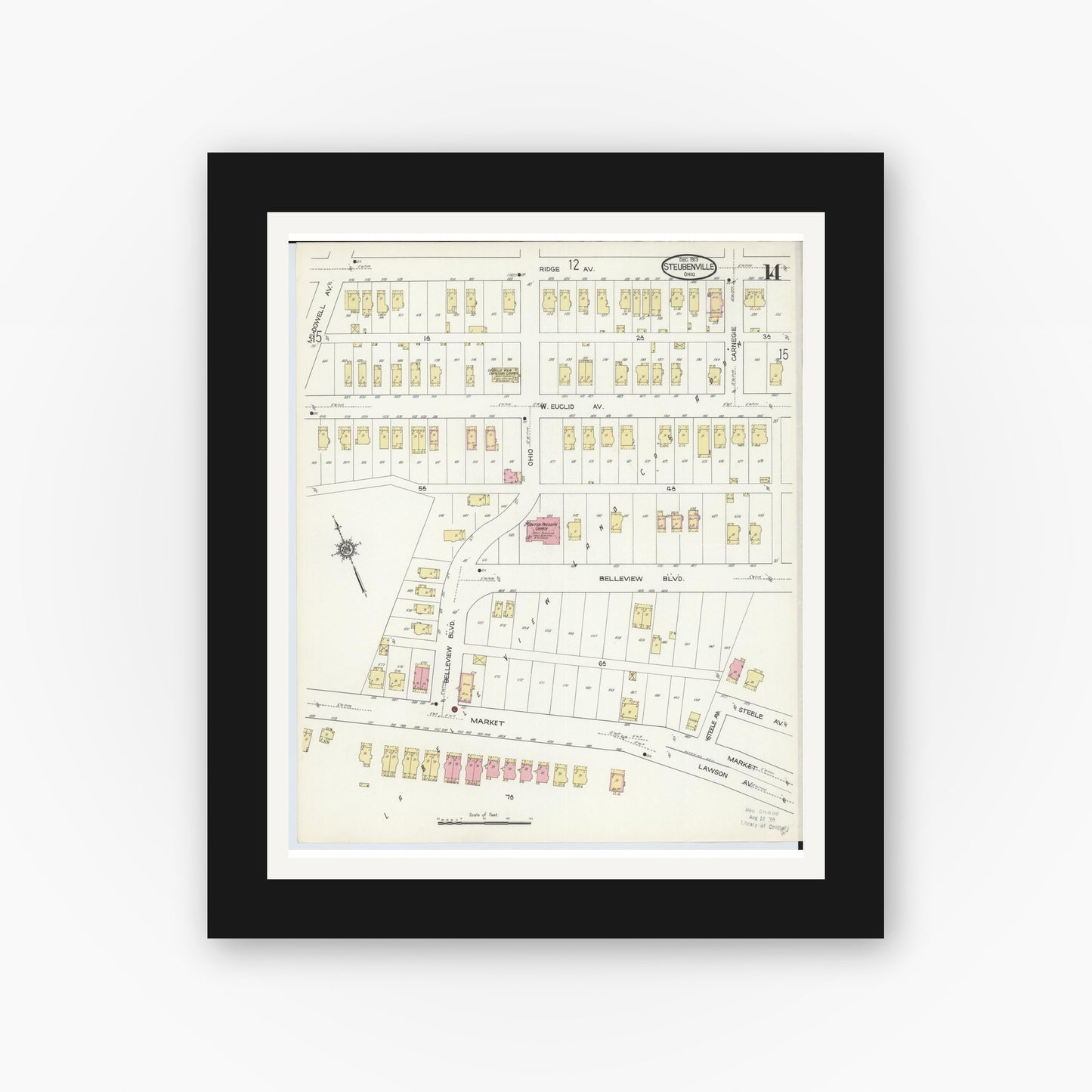 Old map wall art mockup — black gallery frame with white mat — Sanborn Fire Insurance Map from Steubenville, Jefferson County, Ohio (1913), Sheet #0014