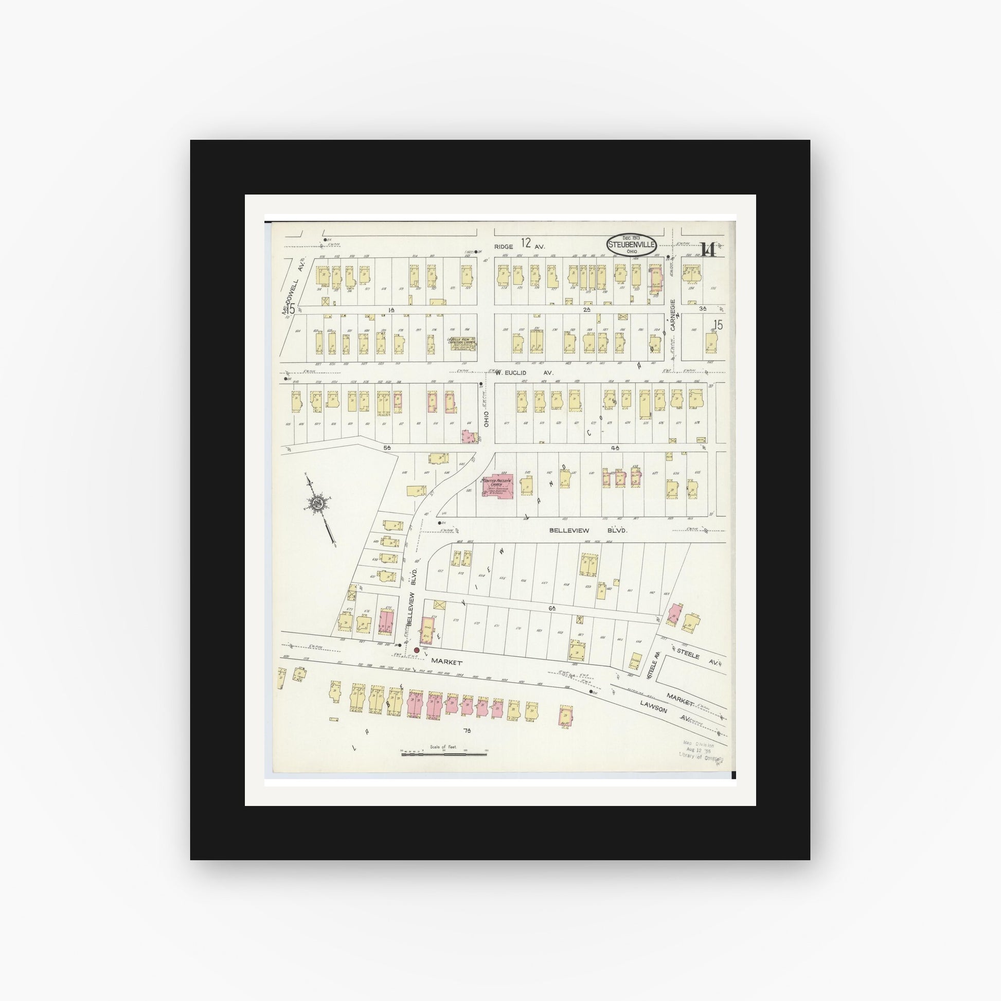 Old map wall art mockup — black gallery frame with white mat — Sanborn Fire Insurance Map from Steubenville, Jefferson County, Ohio (1913), Sheet #0014