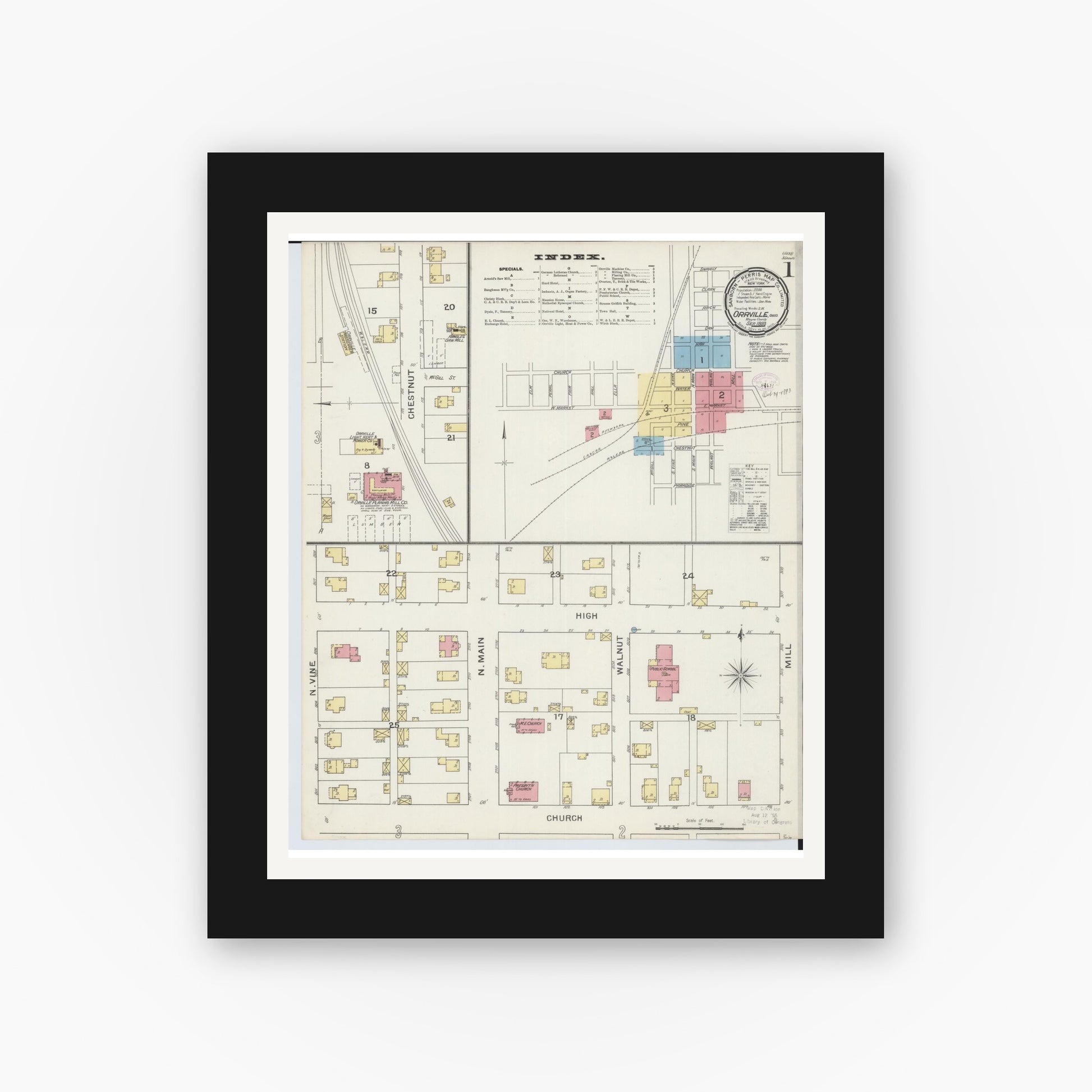 Old map wall art mockup — black gallery frame with white mat — Sanborn Fire Insurance Map from Orrville, Wayne County, Ohio (1893), Sheet #0001