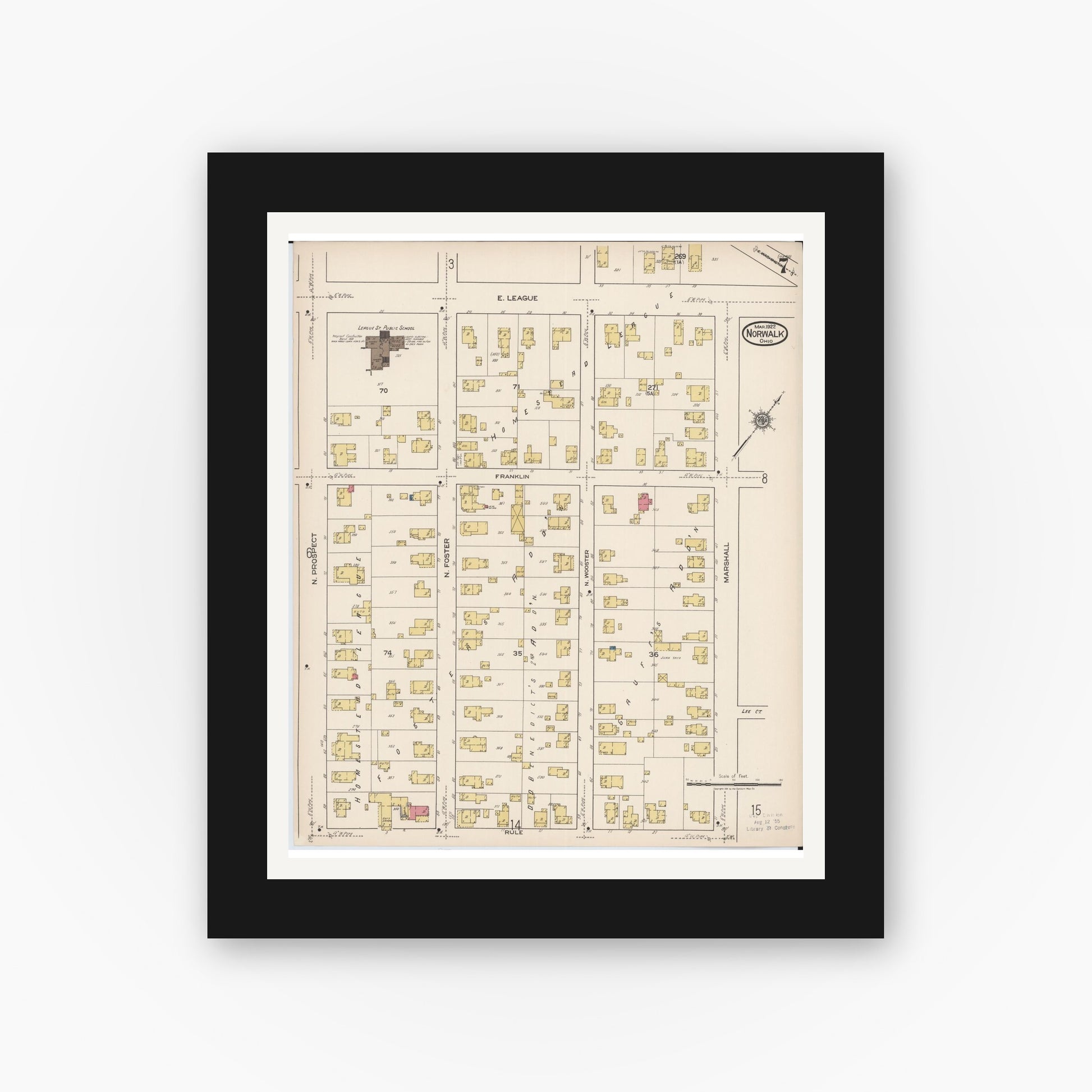 Old map wall art mockup — black gallery frame with white mat — Sanborn Fire Insurance Map from Norwalk, Huron County, Ohio (1922), Sheet #0007