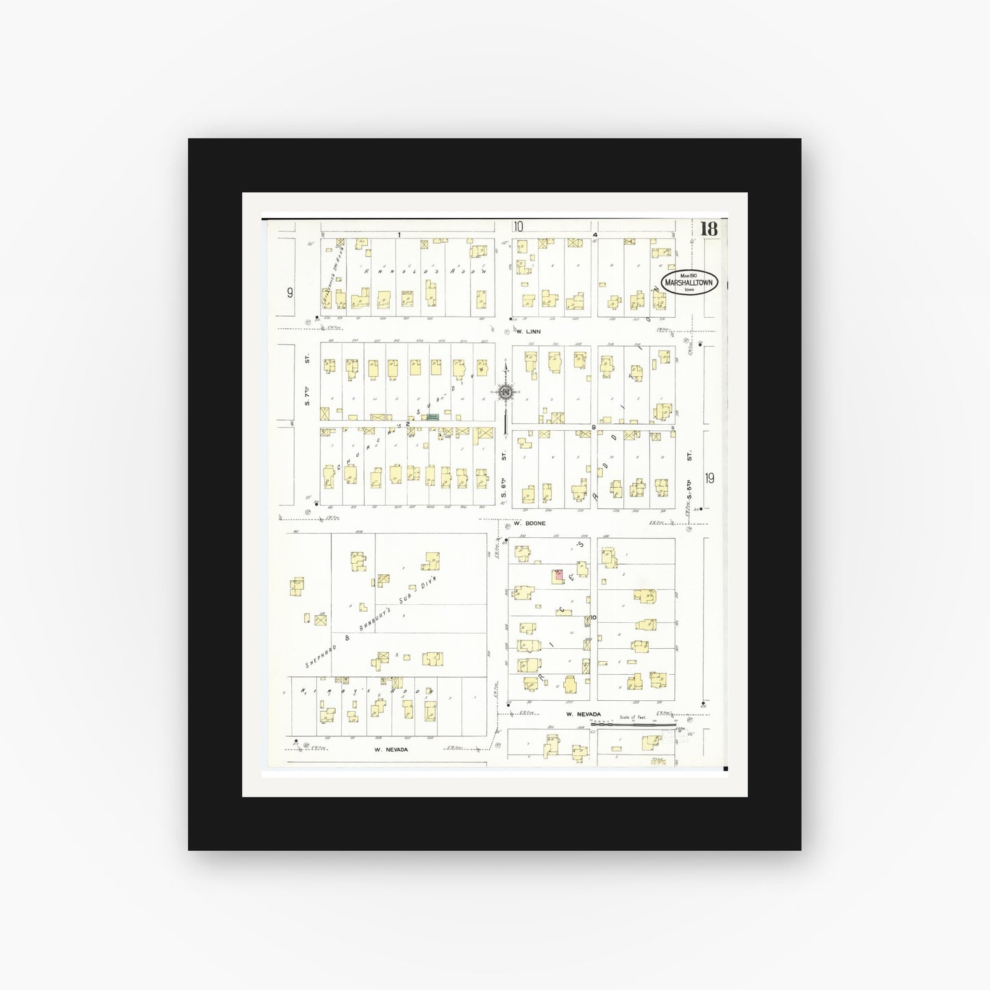 Old map wall art mockup — black gallery frame with white mat — Sanborn Fire Insurance Map from Marshalltown, Marshall County, Iowa (1910), Sheet #0018
