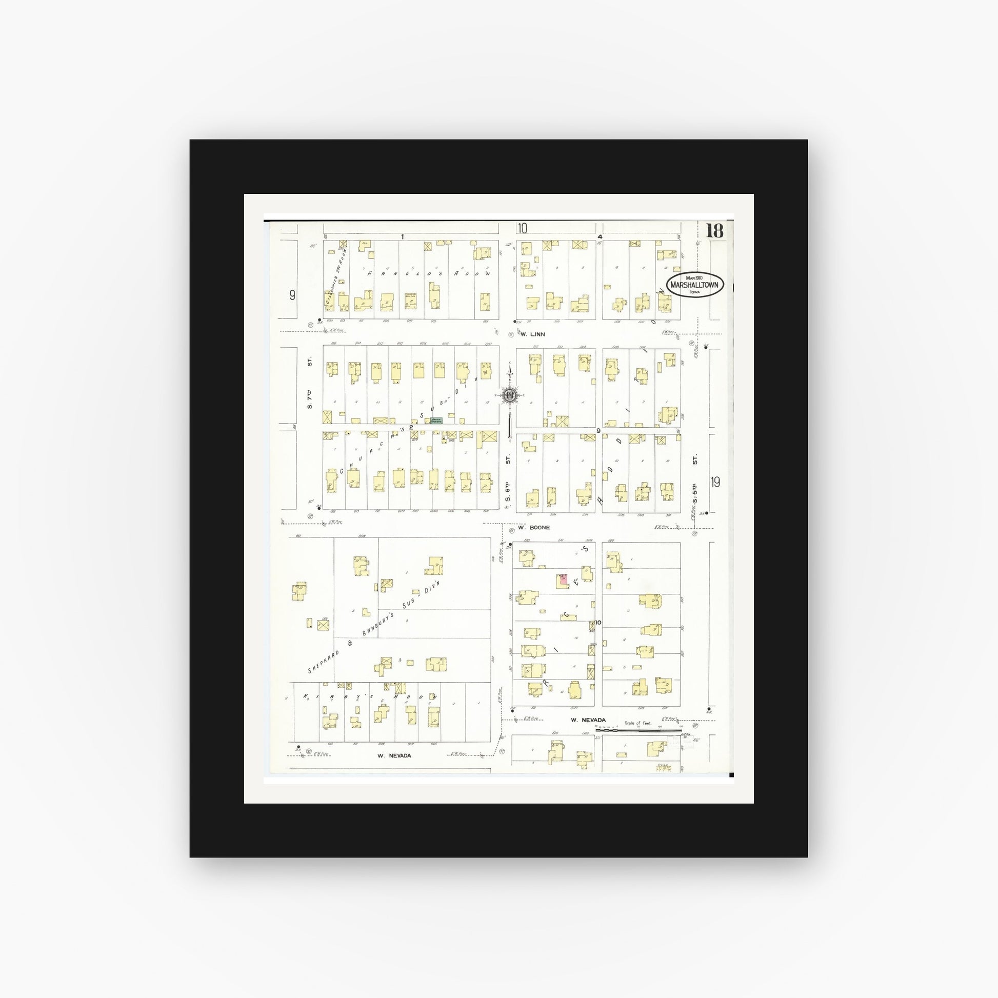 Old map wall art mockup — black gallery frame with white mat — Sanborn Fire Insurance Map from Marshalltown, Marshall County, Iowa (1910), Sheet #0018