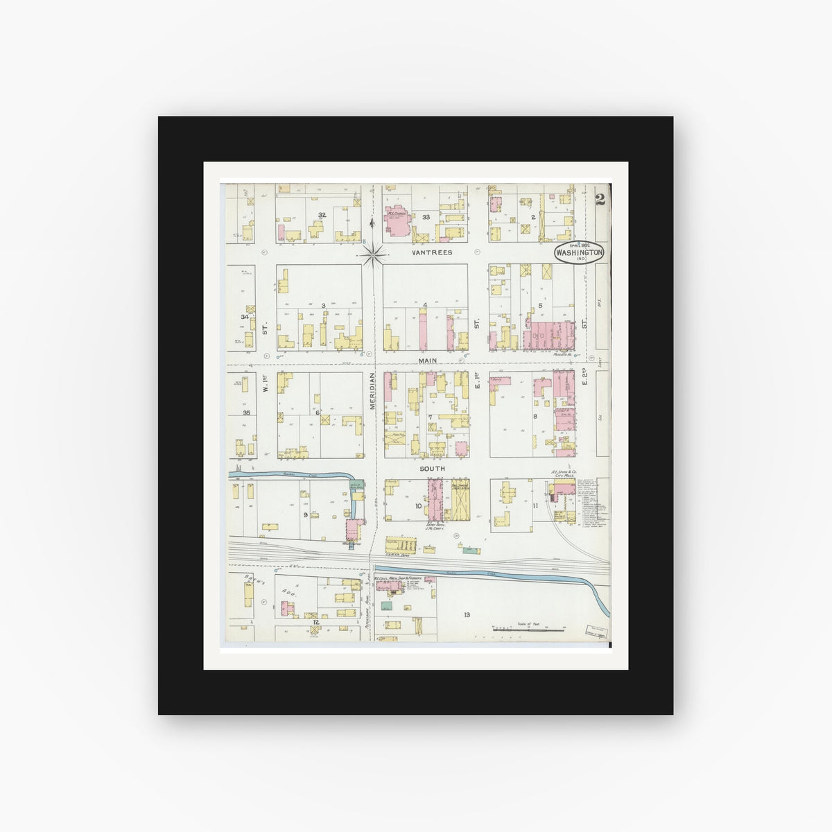 Old map wall art mockup — black gallery frame with white mat — Sanborn Fire Insurance Map from Washington, Daviess County, Indiana (1892), Sheet #0002