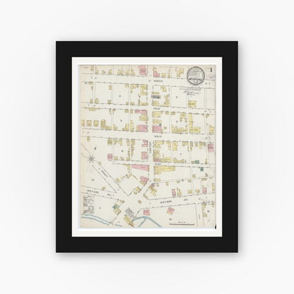 Old map wall art mockup — black gallery frame with white mat — Sanborn Fire Insurance Map from Meyersdale, Somerset County, Pennsylvania (1887), Sheet #0001