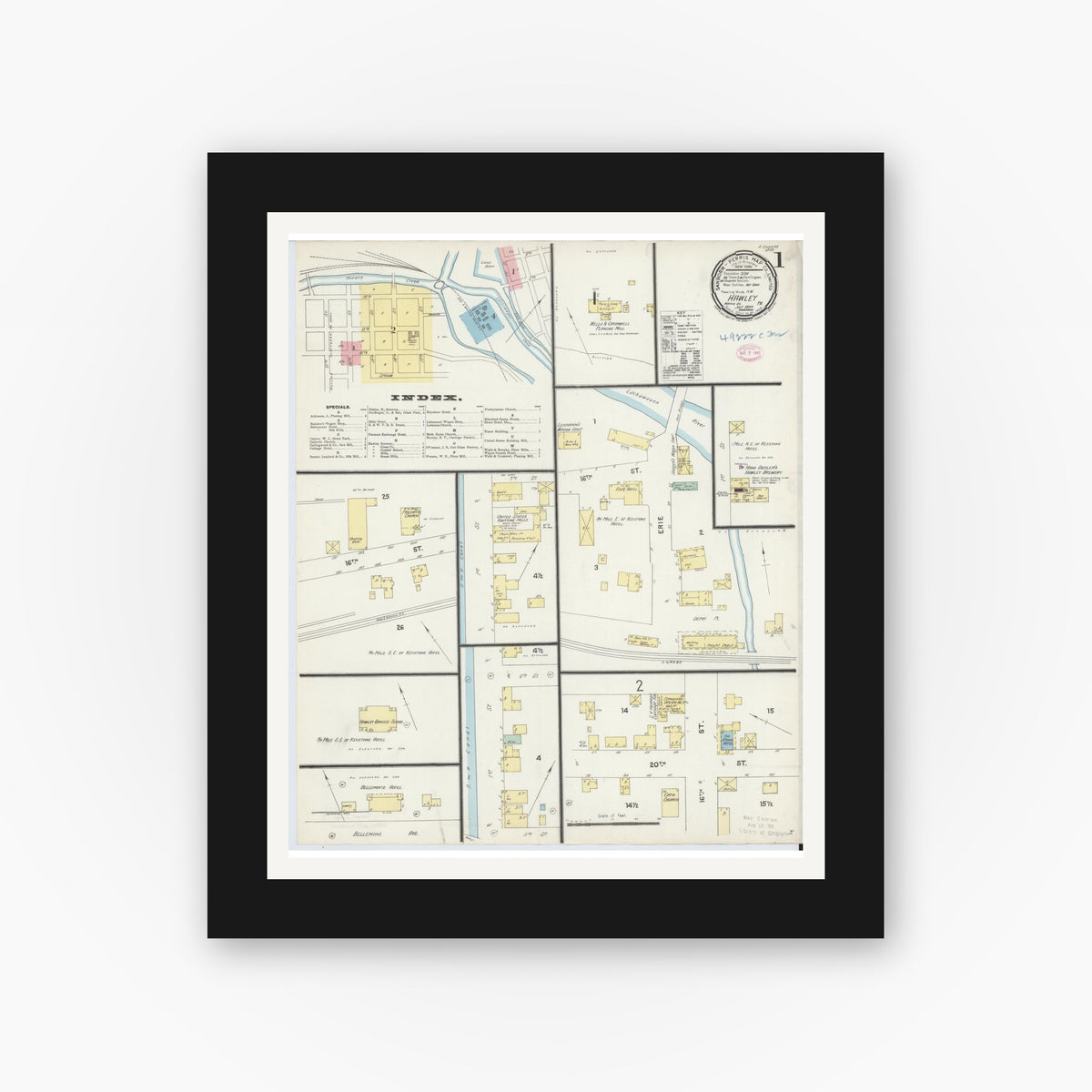 Old map wall art mockup — black gallery frame with white mat — Sanborn Fire Insurance Map from Hawley, Wayne County, Pennsylvania (1897) - Complete Map Set