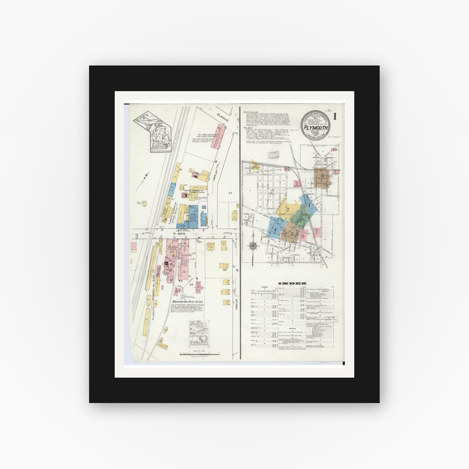 Old map wall art mockup — black gallery frame with white mat — Sanborn Fire Insurance Map from Plymouth, Wayne County, Michigan (1918) - Complete Map Set