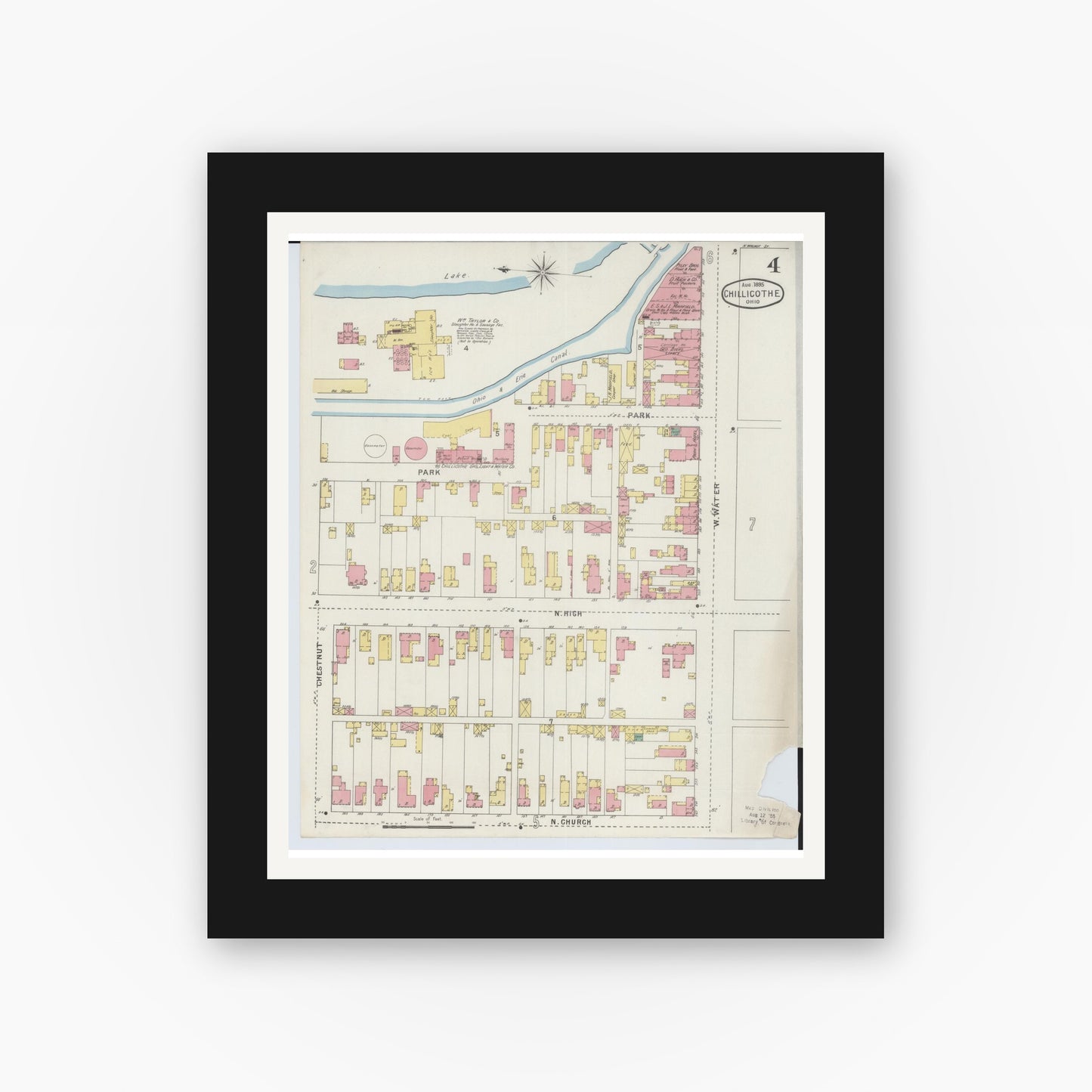 Old map wall art mockup — black gallery frame with white mat — Sanborn Fire Insurance Map from Chillicothe, Ross County, Ohio (1895), Sheet #0004