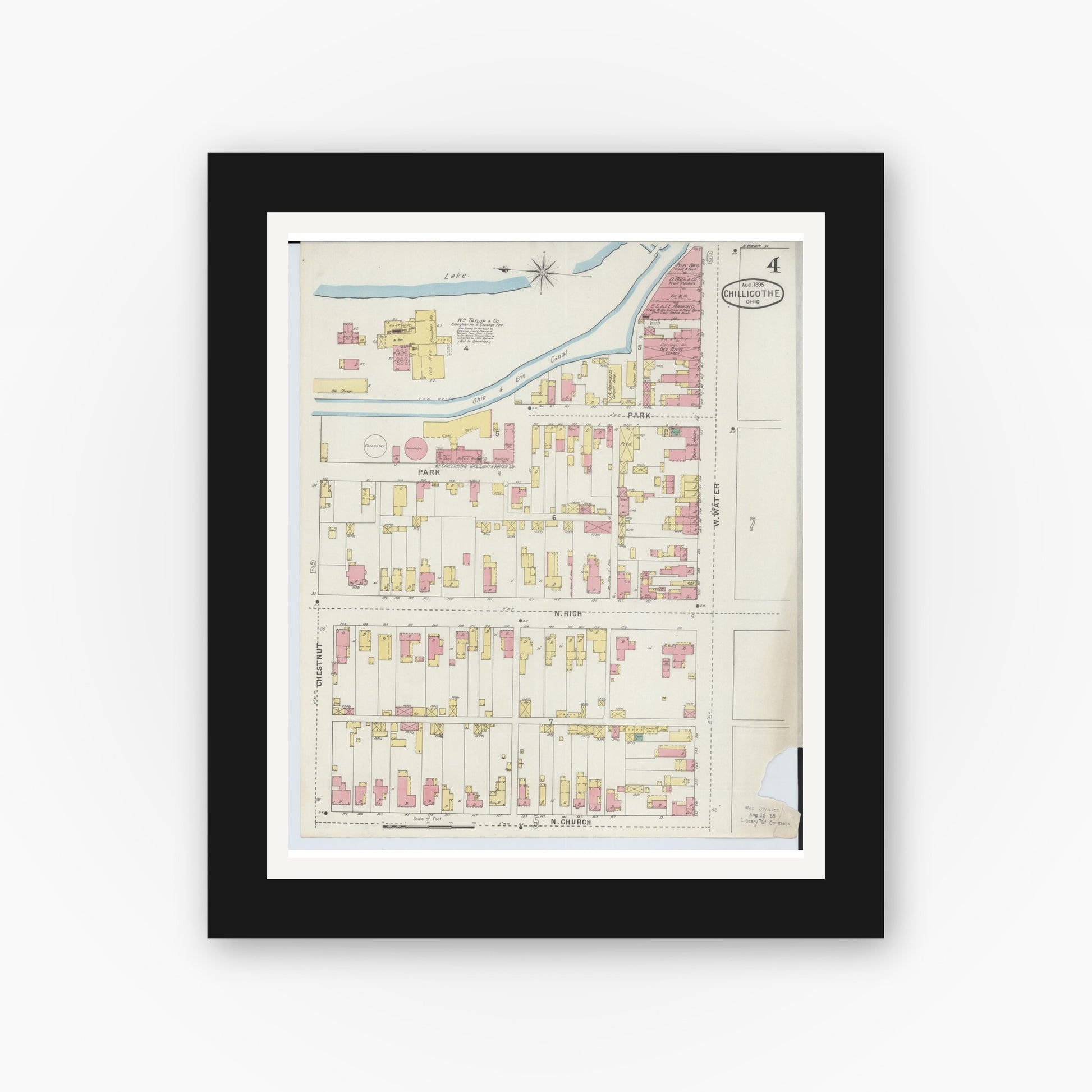 Old map wall art mockup — black gallery frame with white mat — Sanborn Fire Insurance Map from Chillicothe, Ross County, Ohio (1895), Sheet #0004