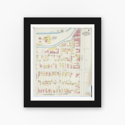 Old map wall art mockup — black gallery frame with white mat — Sanborn Fire Insurance Map from Chillicothe, Ross County, Ohio (1895), Sheet #0004