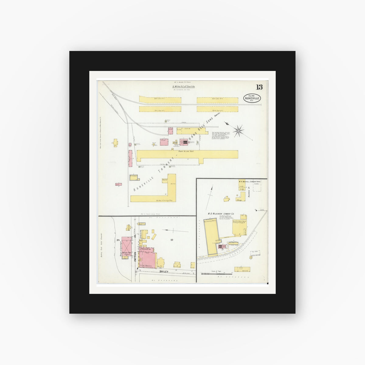 Old map wall art mockup — black gallery frame with white mat — Sanborn Fire Insurance Map from Asheville, Buncombe County, North Carolina (1901), Sheet #0013