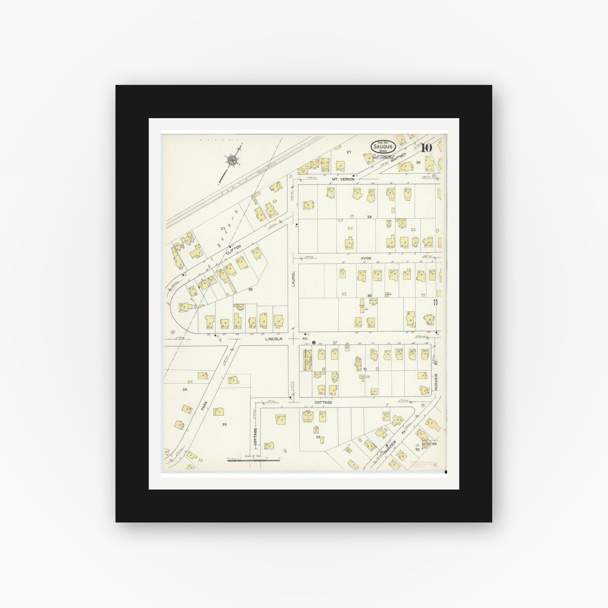 Old map wall art mockup — black gallery frame with white mat — Sanborn Fire Insurance Map from Saugus, Essex County, Massachusetts (1913), Sheet #0010