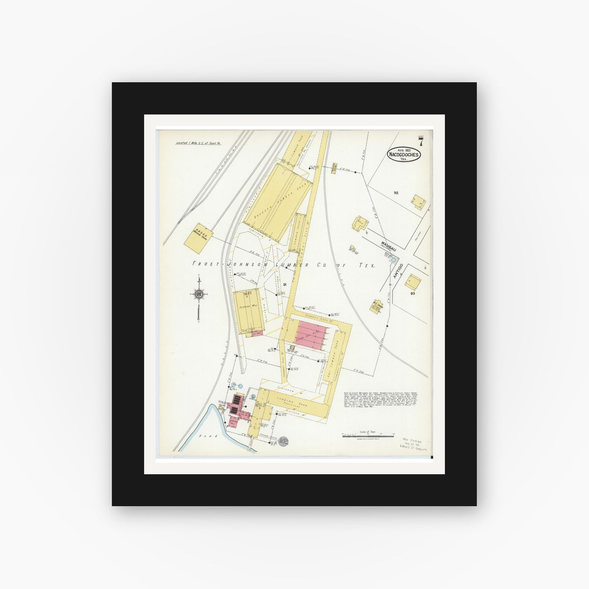Old map wall art mockup — black gallery frame with white mat — Sanborn Fire Insurance Map from Nacogdoches, Nacogdoches County, Texas (1921), Sheet #0007