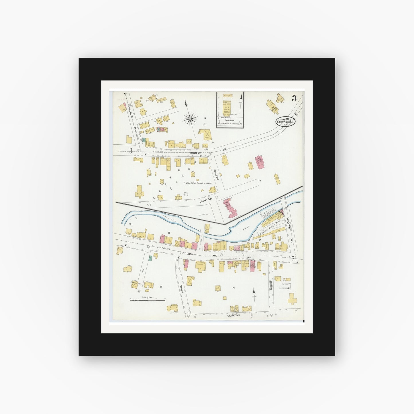 Old map wall art mockup — black gallery frame with white mat — Sanborn Fire Insurance Map from Cornwall, Orange County, New York (1905), Sheet #0003