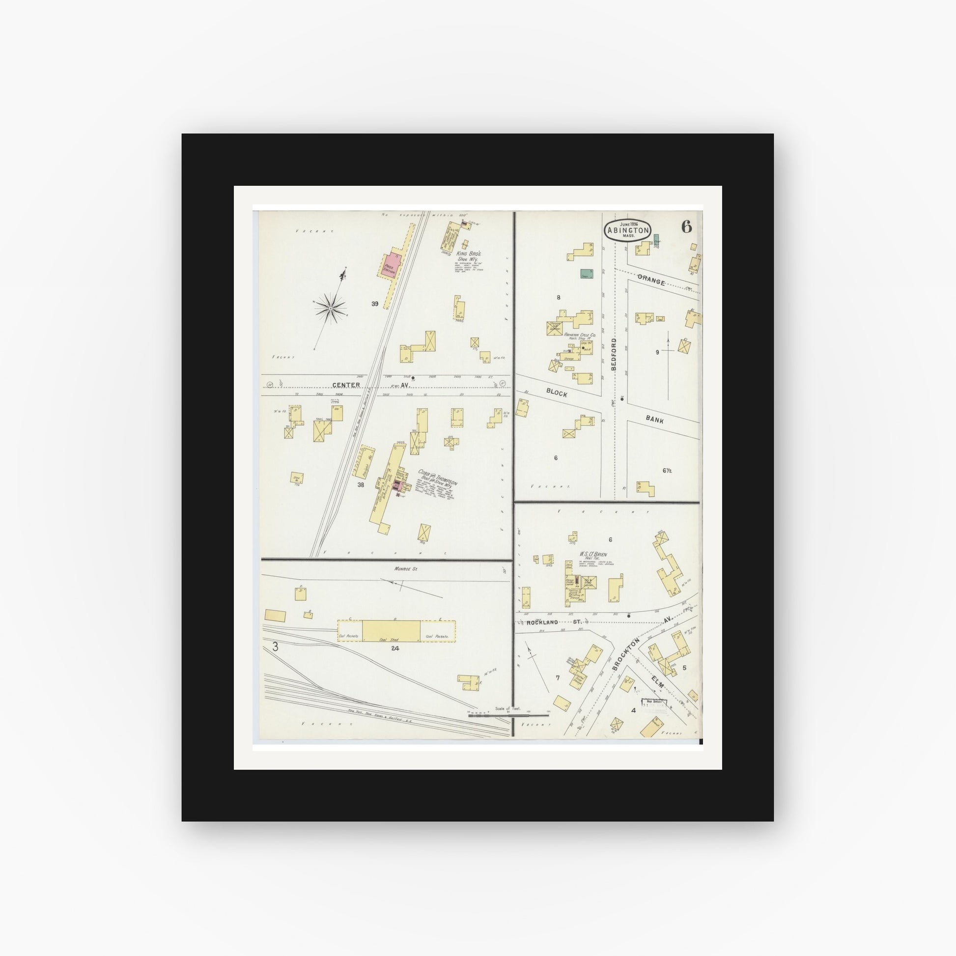 Old map wall art mockup — black gallery frame with white mat — Sanborn Fire Insurance Map from Abington, Plymouth County, Massachusetts (1896), Sheet #0006