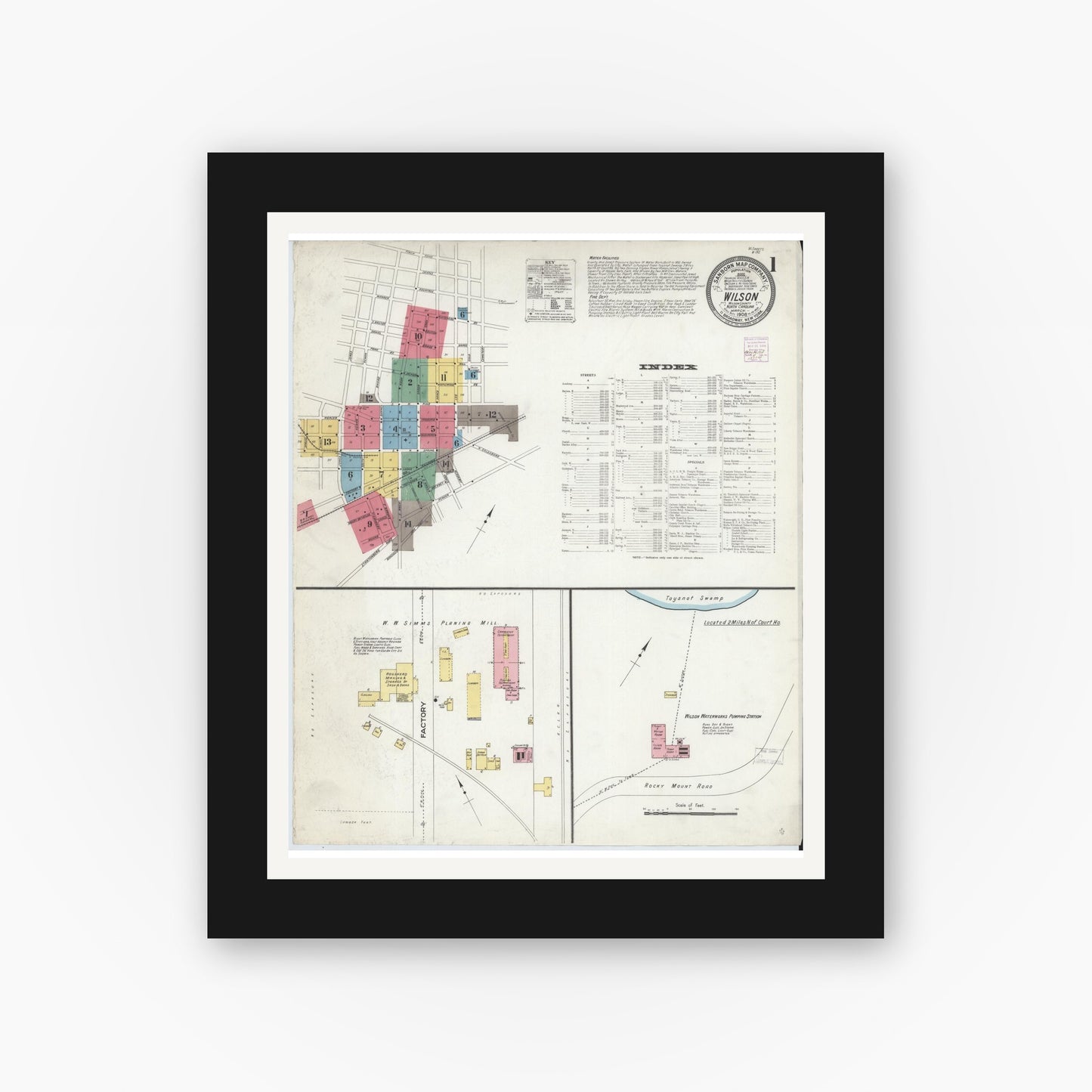 Old map wall art mockup — black gallery frame with white mat — Sanborn Fire Insurance Map from Wilson, Wilson County, North Carolina (1908), Sheet #0001
