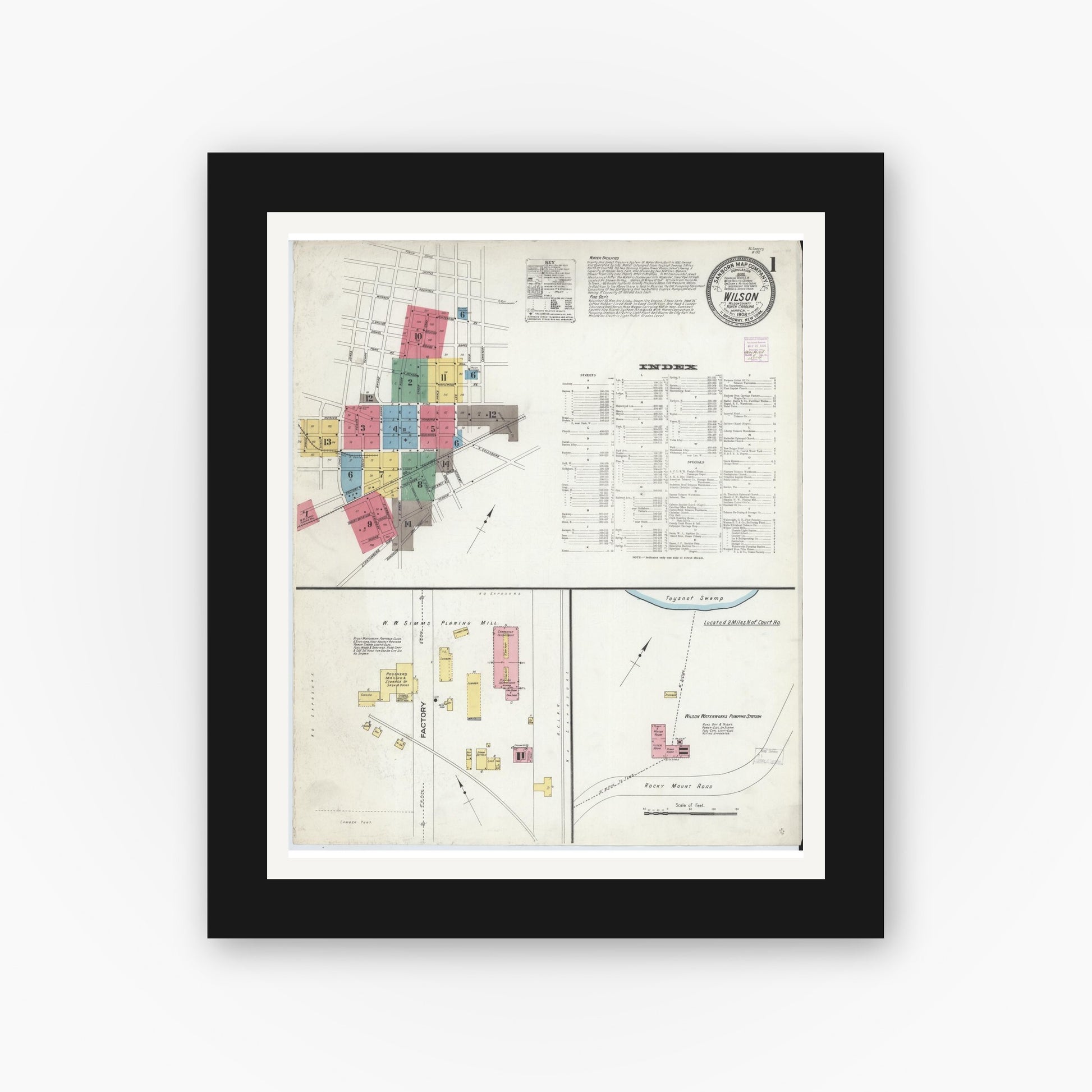 Old map wall art mockup — black gallery frame with white mat — Sanborn Fire Insurance Map from Wilson, Wilson County, North Carolina (1908), Sheet #0001