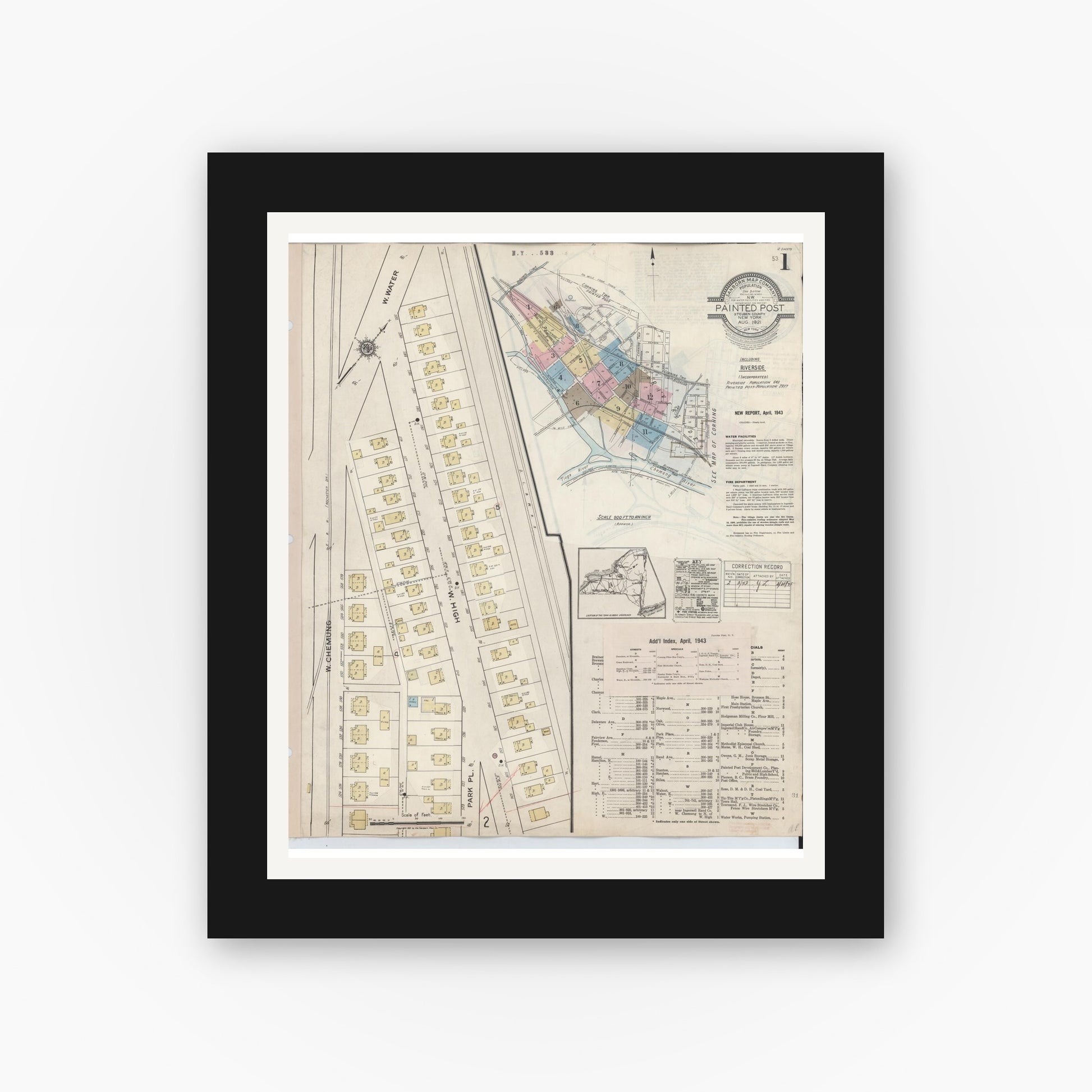 Old map wall art mockup — black gallery frame with white mat — Sanborn Fire Insurance Map from Painted Post, Steuben County, New York (1943) - Complete Map Set