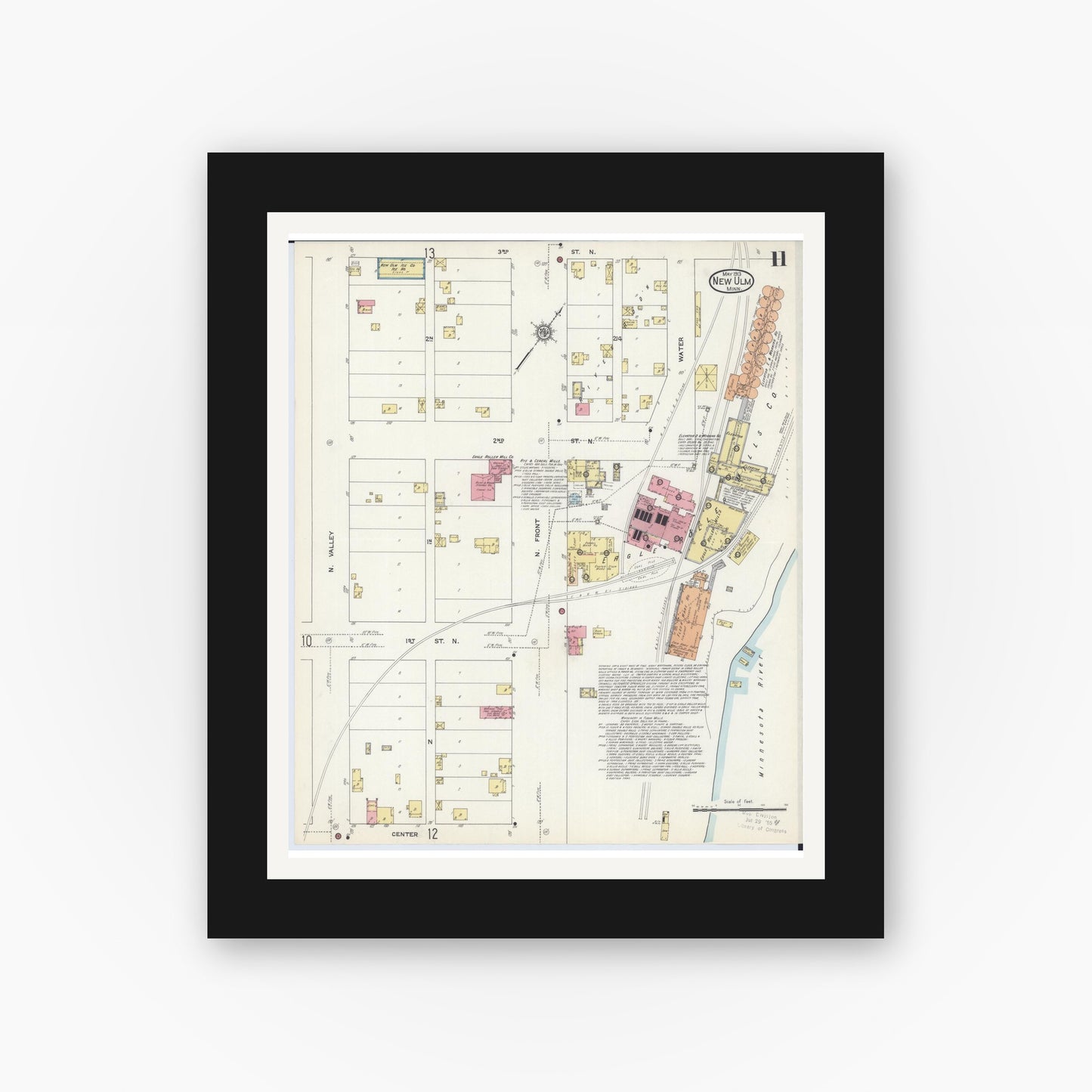 Old map wall art mockup — black gallery frame with white mat — Sanborn Fire Insurance Map from New Ulm, Brown County, Minnesota (1913), Sheet #0011