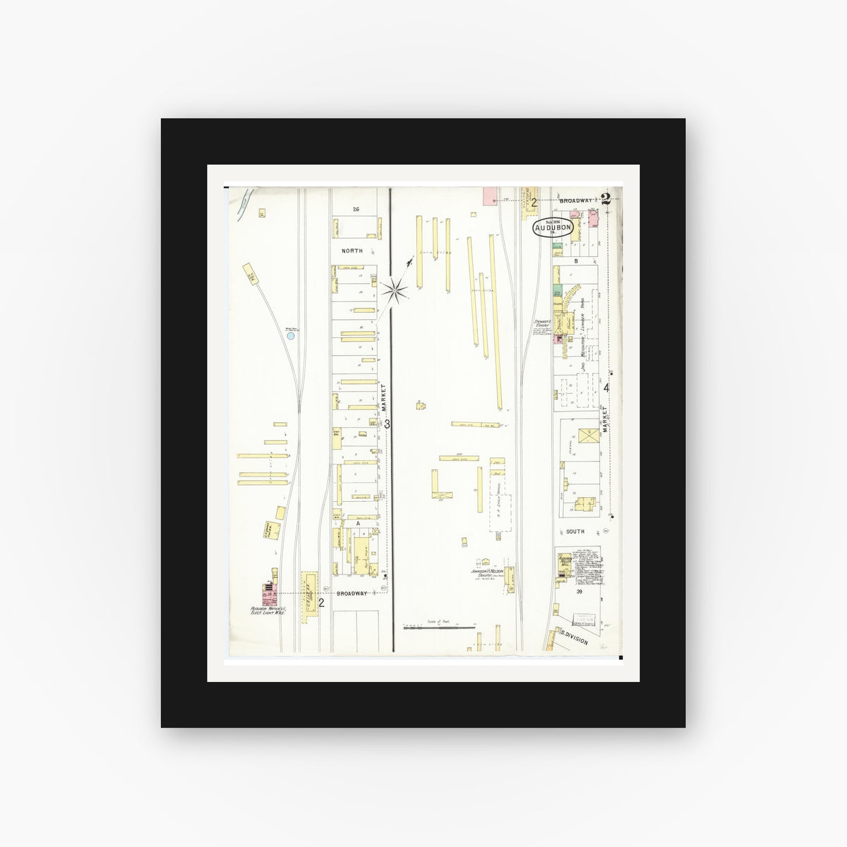 Old map wall art mockup — black gallery frame with white mat — Sanborn Fire Insurance Map from Audubon, Audubon County, Iowa (1896), Sheet #0002