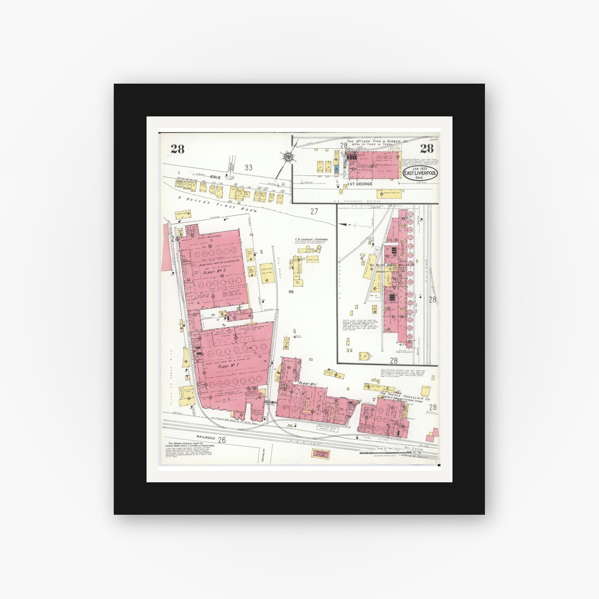 Old map wall art mockup — black gallery frame with white mat — Sanborn Fire Insurance Map from East Liverpool, Columbiana County, Ohio (1923), Sheet #0028