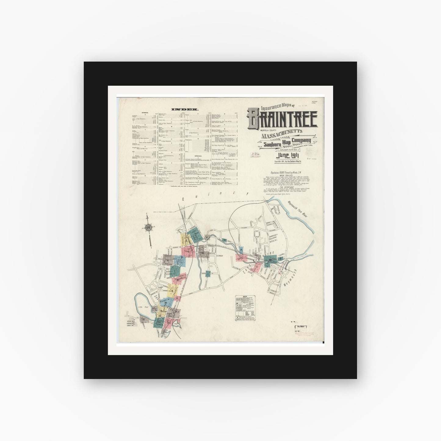Old map wall art mockup — black gallery frame with white mat — Sanborn Fire Insurance Map from Braintree, Norfolk County, Massachusetts (1911) - Complete Map Set