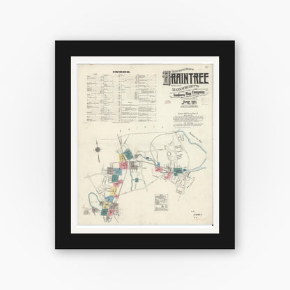 Old map wall art mockup — black gallery frame with white mat — Sanborn Fire Insurance Map from Braintree, Norfolk County, Massachusetts (1911) - Complete Map Set
