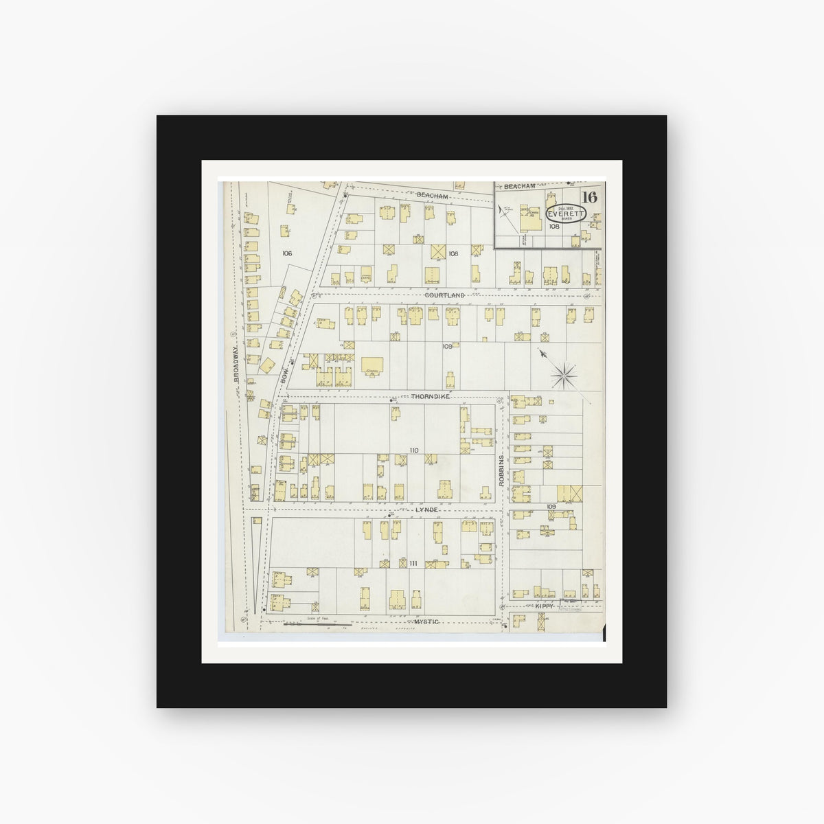 Old map wall art mockup — black gallery frame with white mat — Sanborn Fire Insurance Map from Everett, Middlesex County, Massachusetts (1892), Sheet #0016