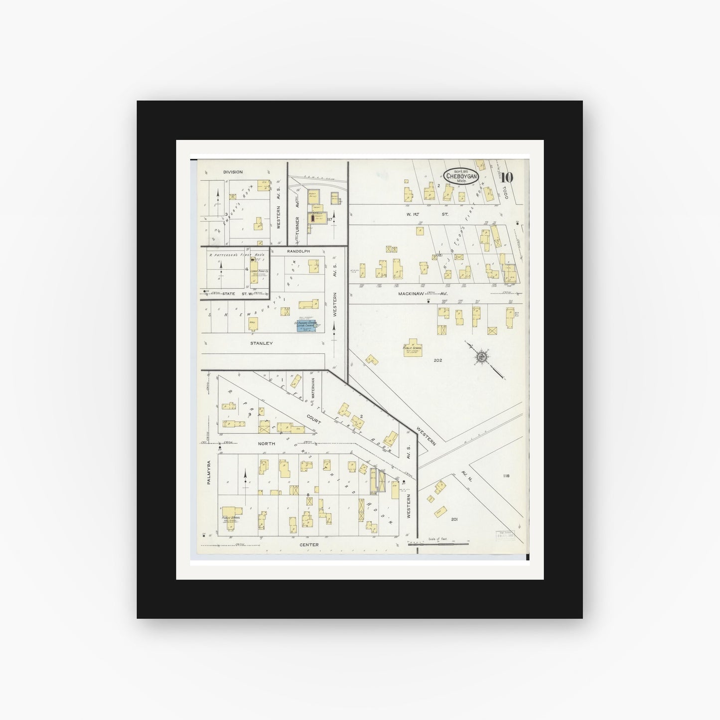 Old map wall art mockup — black gallery frame with white mat — Sanborn Fire Insurance Map from Cheboygan, Cheboygan County, Michigan (1915), Sheet #0010