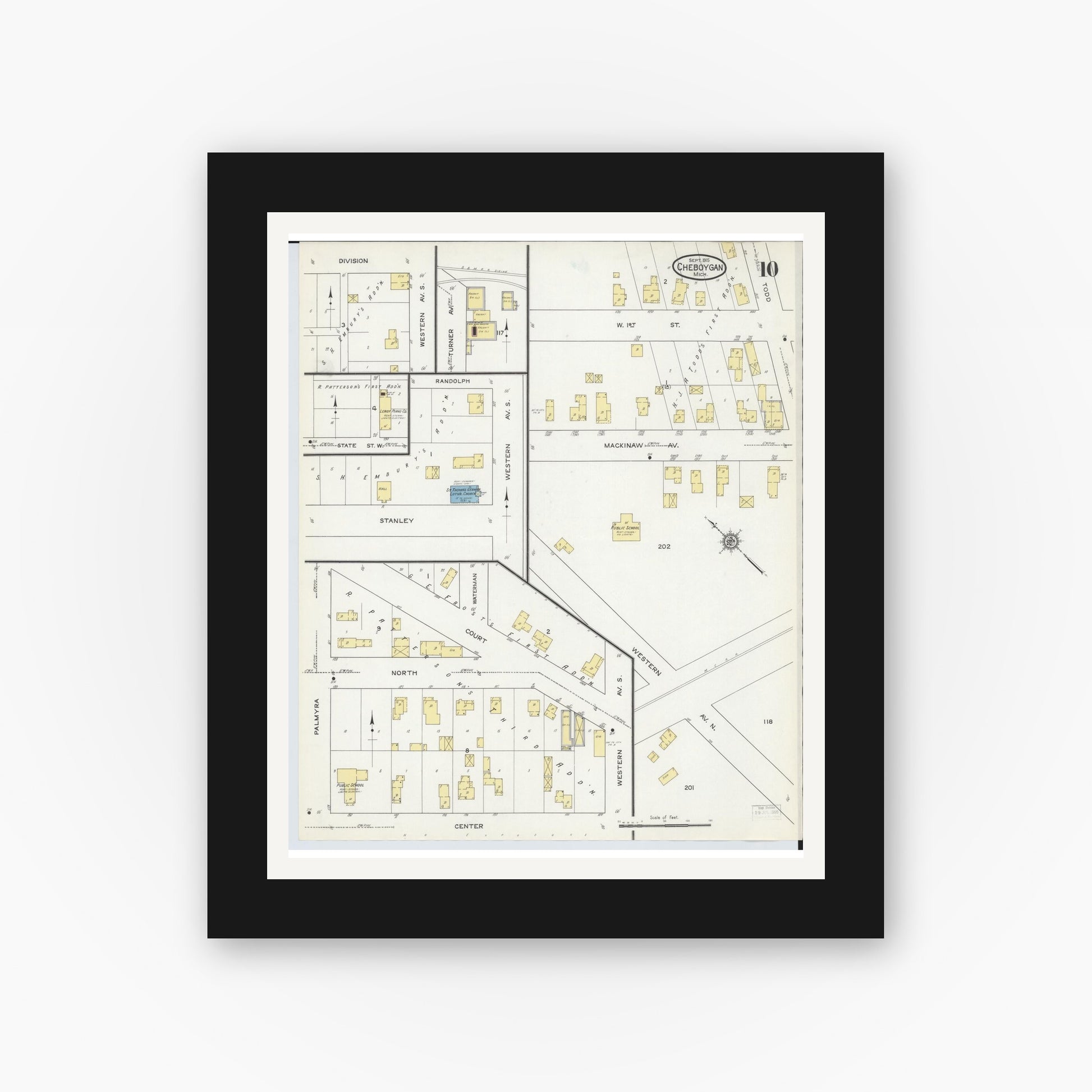 Old map wall art mockup — black gallery frame with white mat — Sanborn Fire Insurance Map from Cheboygan, Cheboygan County, Michigan (1915), Sheet #0010