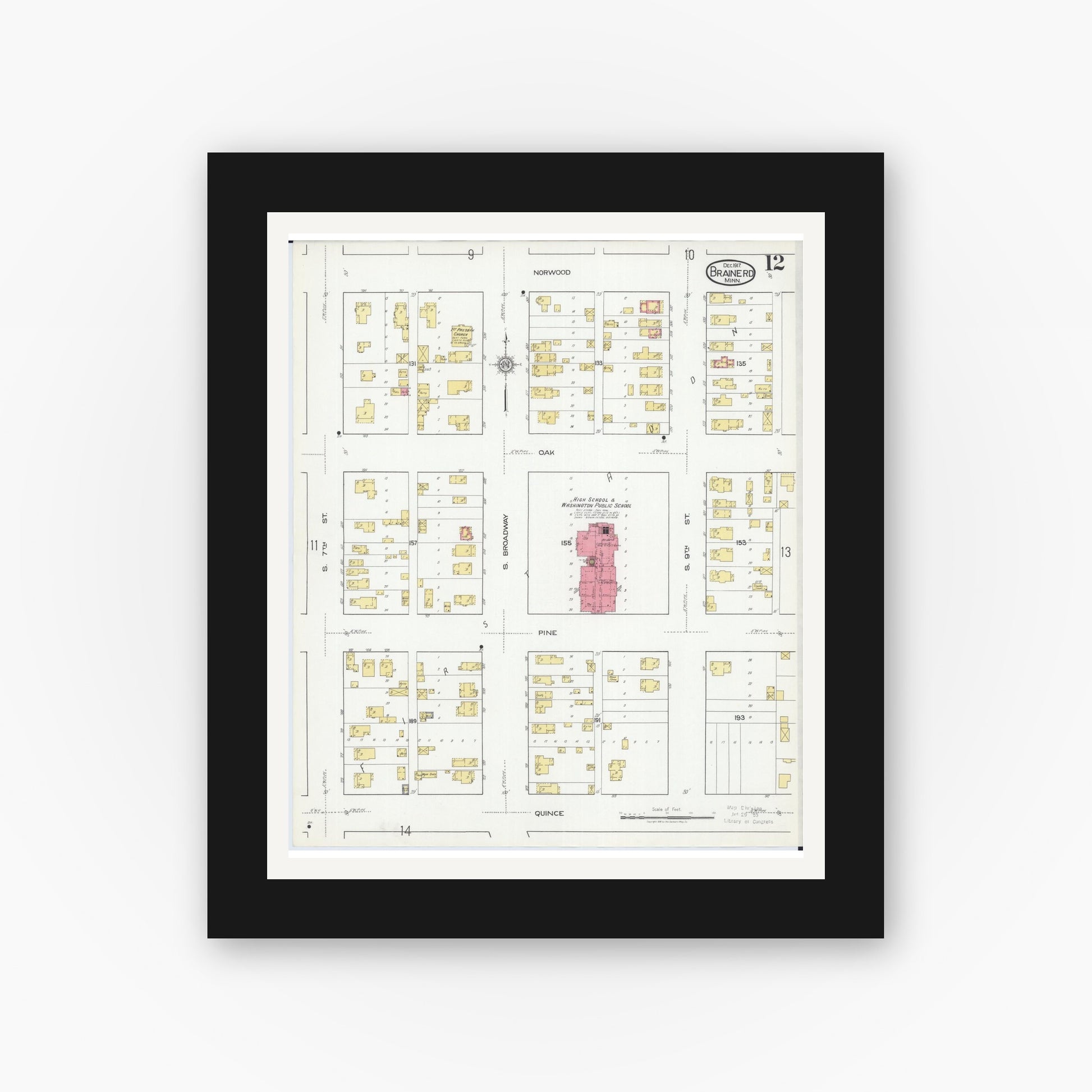 Old map wall art mockup — black gallery frame with white mat — Sanborn Fire Insurance Map from Brainerd, Crow Wing County, Minnesota (1917), Sheet #0012