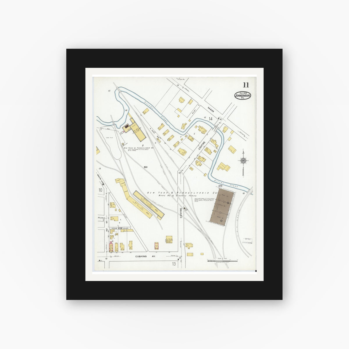 Old map wall art mockup — black gallery frame with white mat — Sanborn Fire Insurance Map from Johnsonburg, Elk County, Pennsylvania (1919), Sheet #0011