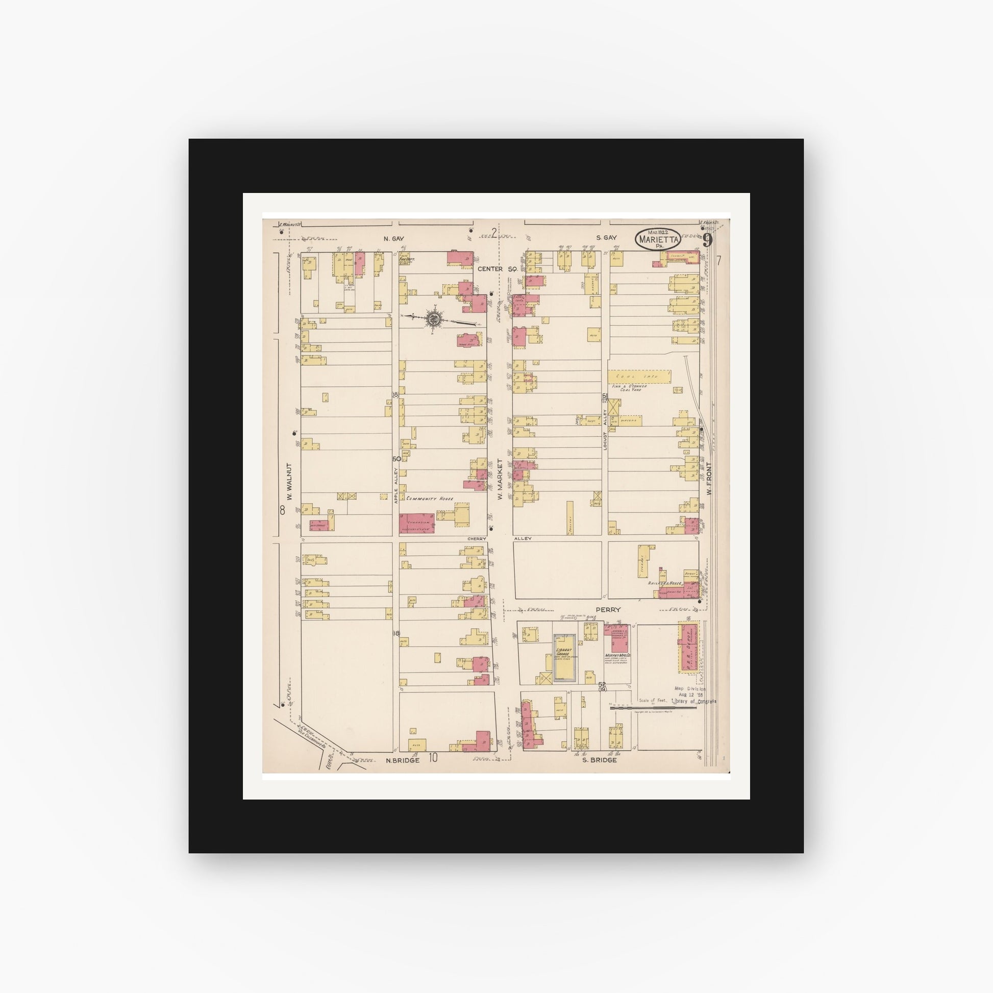 Old map wall art mockup — black gallery frame with white mat — Sanborn Fire Insurance Map from Marietta, Lancaster County, Pennsylvania (1922), Sheet #0009