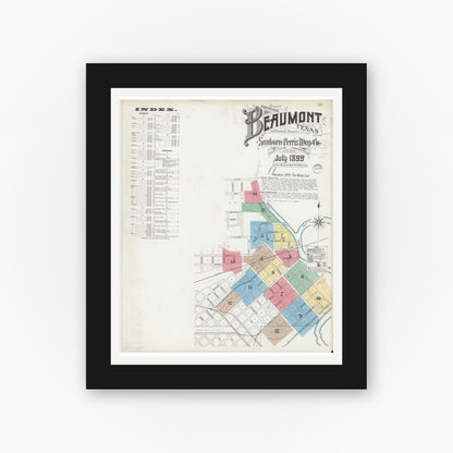 Old map wall art mockup — black gallery frame with white mat — Sanborn Fire Insurance Map from Beaumont, Jefferson County, Texas (1899), Sheet #0001