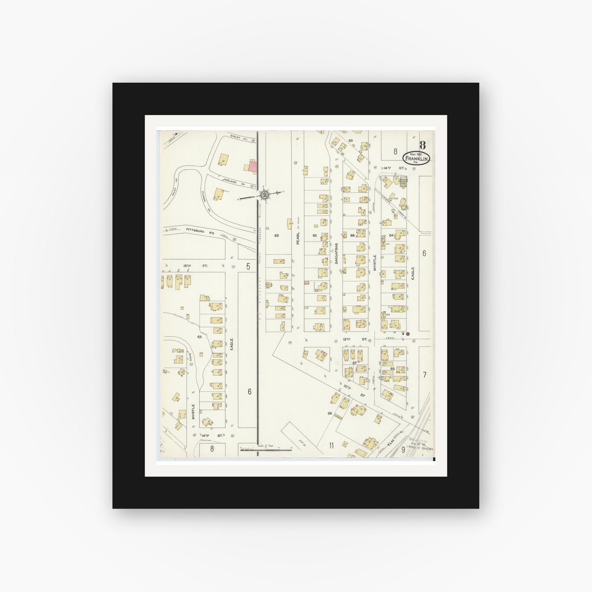 Old map wall art mockup — black gallery frame with white mat — Sanborn Fire Insurance Map from Franklin, Venango County, Pennsylvania (1912), Sheet #0008